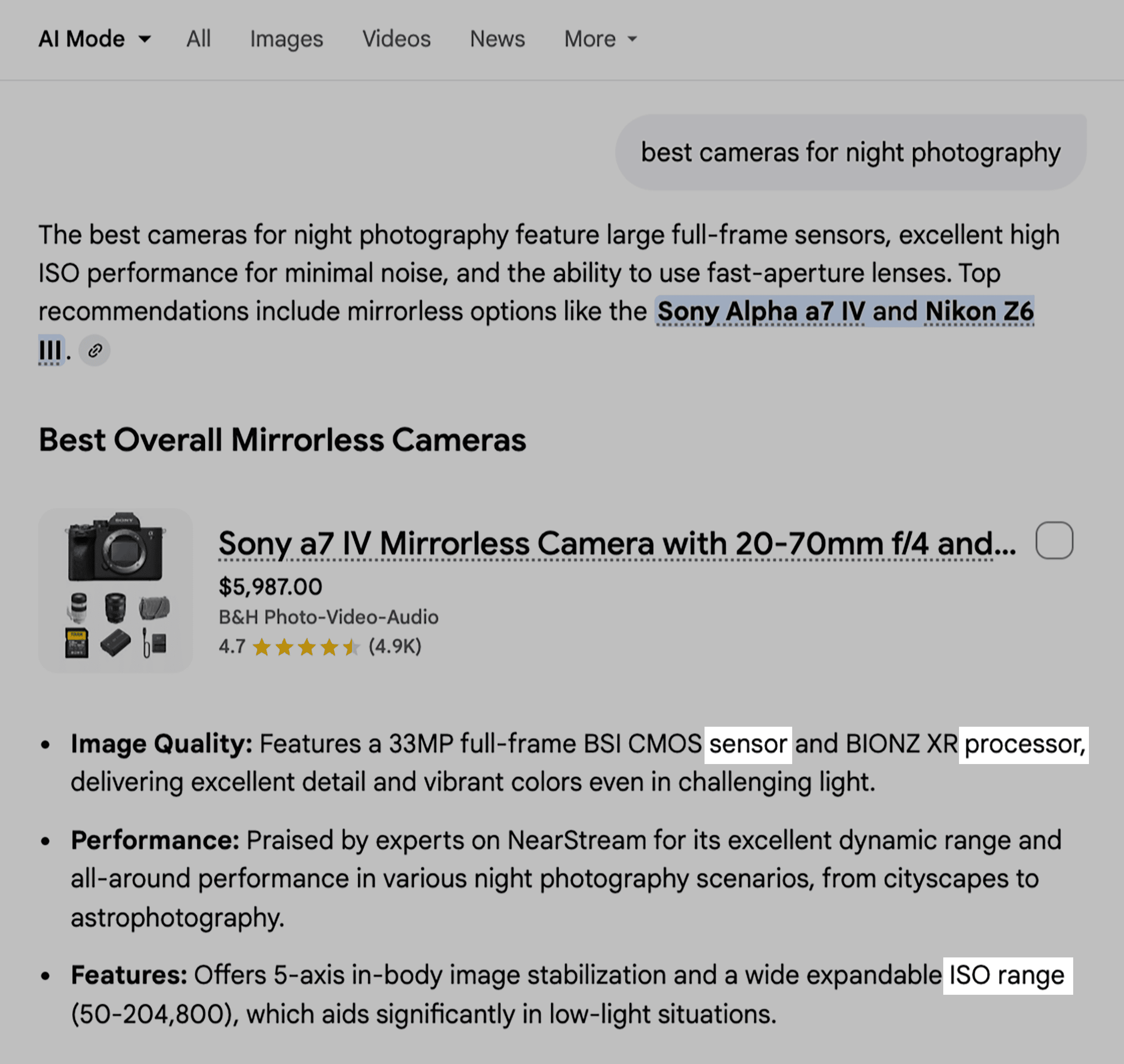Google AI Mode &ndash; Best cameras for night photography