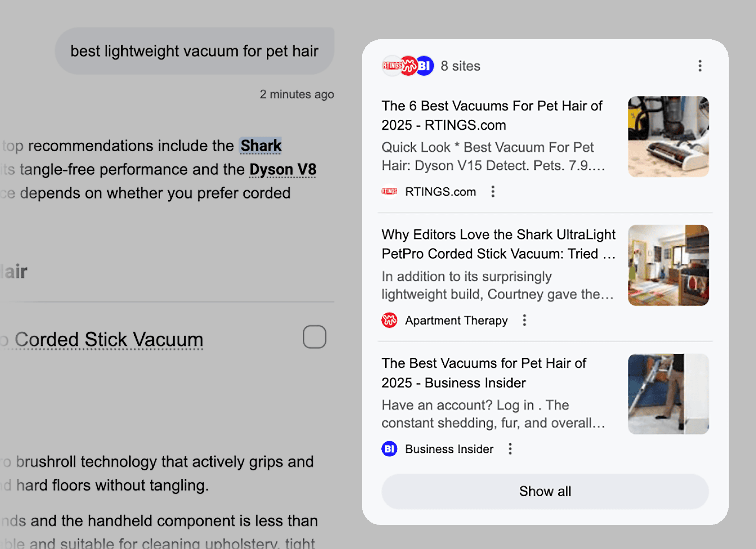 Google AI Mode &ndash; Best lightweight vacuum for pet hair &ndash; Sources