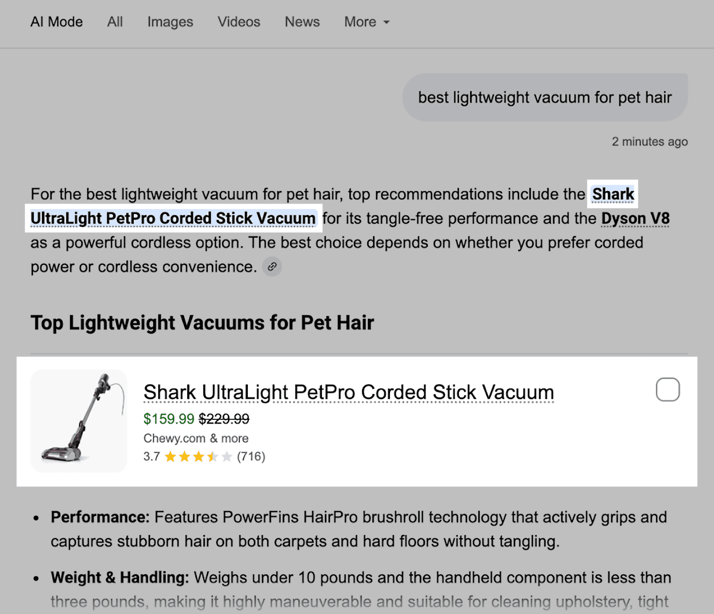 Google AI Mode &ndash; Best lightweight vacuum for pet hair