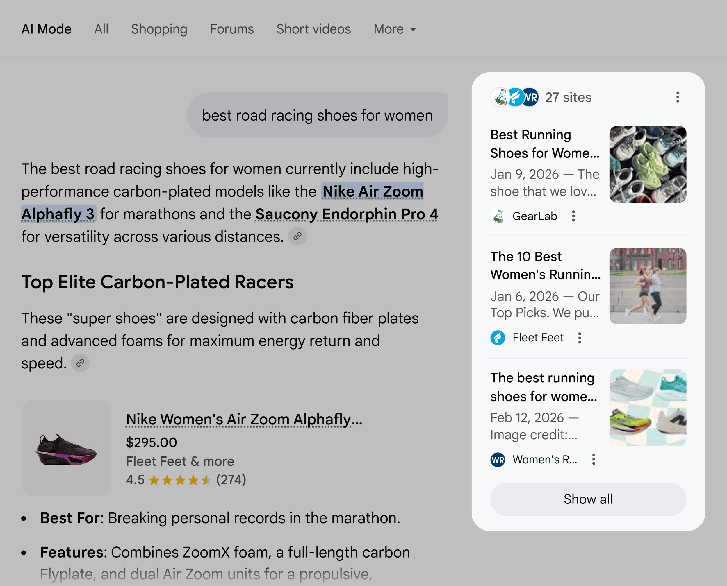 Google AI Mode &ndash;Best road racing shoes for women &ndash; Sources