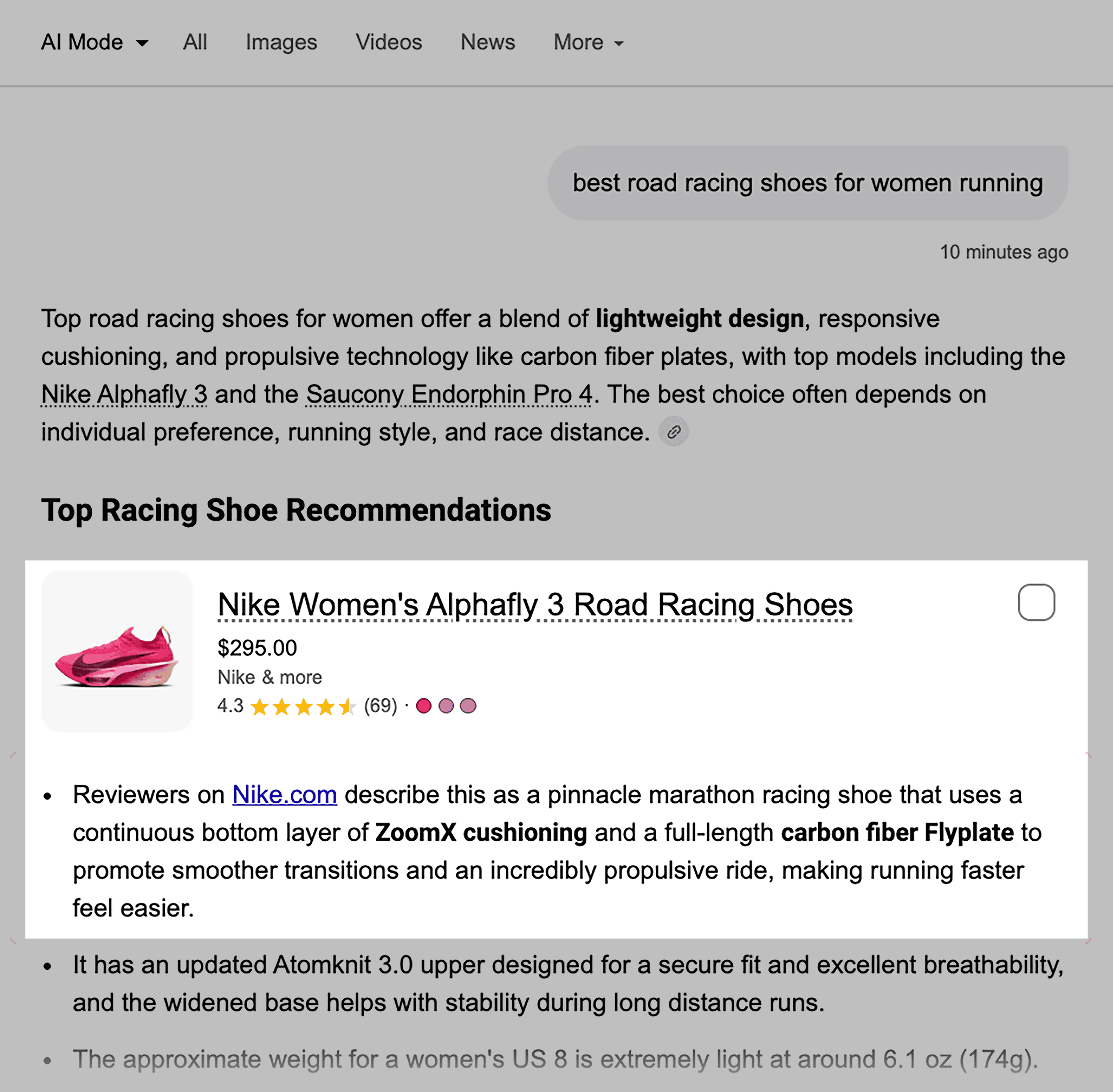 Google AI Mode &ndash;Best road racing shoes for women