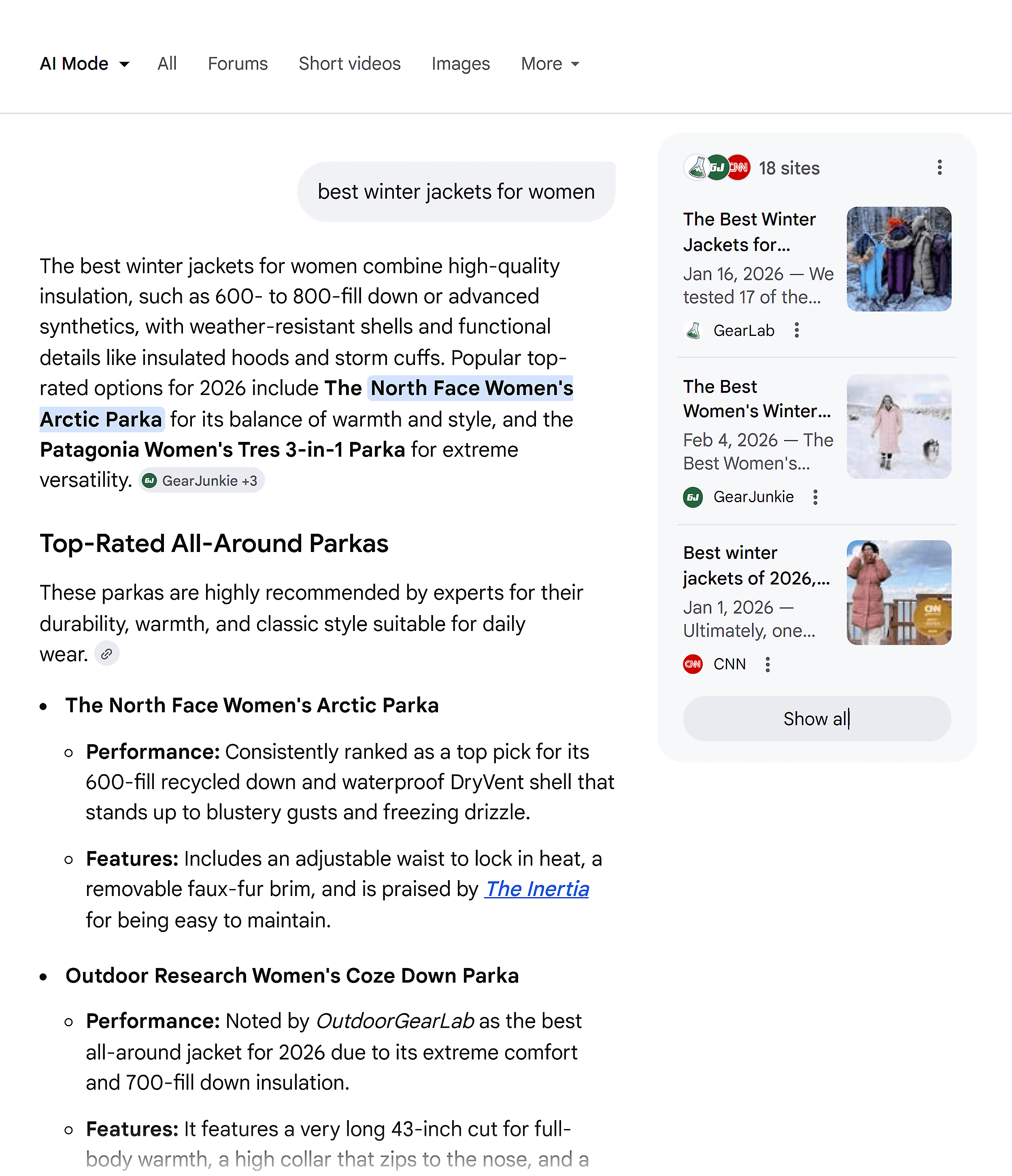 Google AI Mode &ndash;Best winter jackets for women