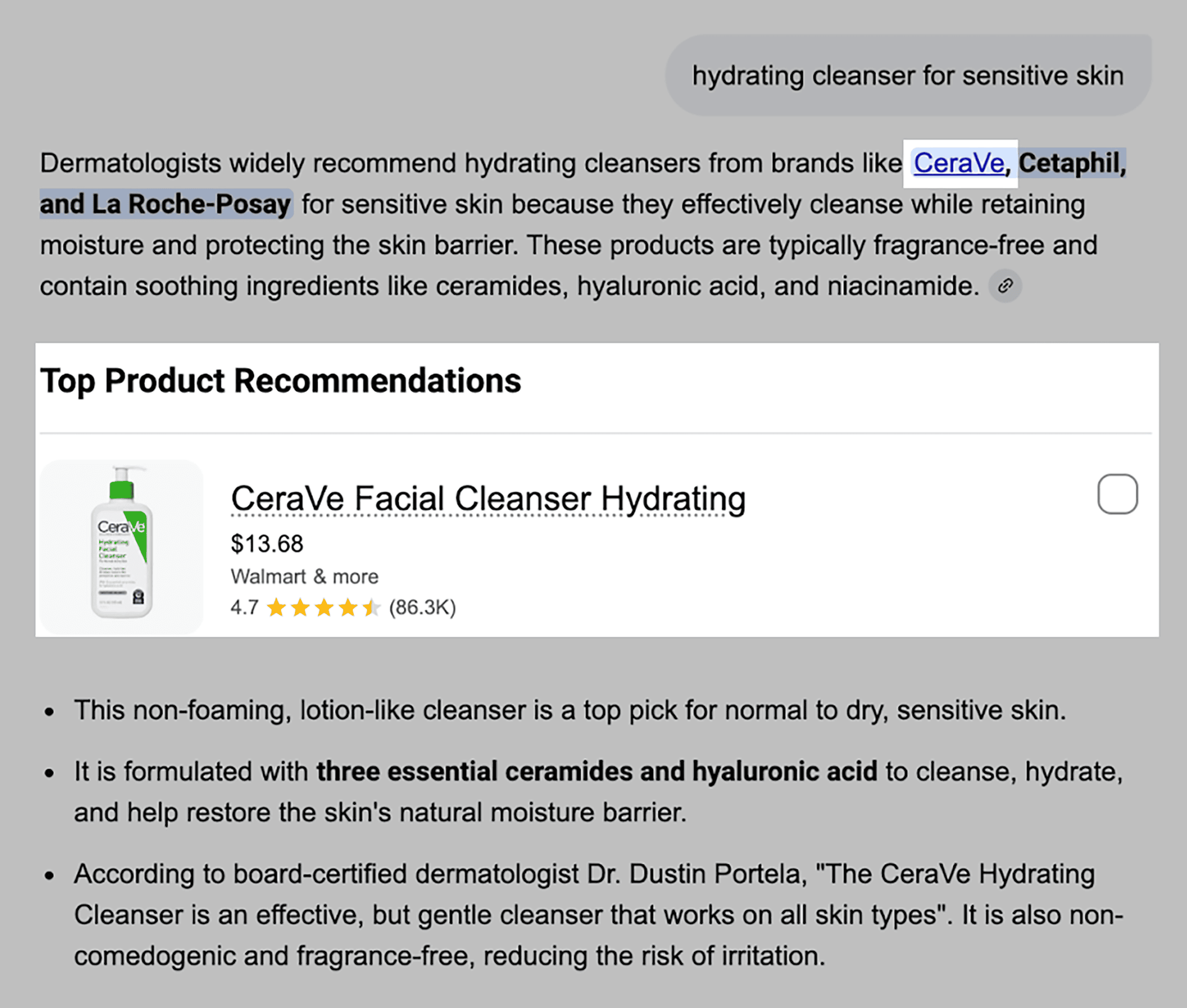 Google AI Mode &ndash; Hydrating cleanser for sensitive skin