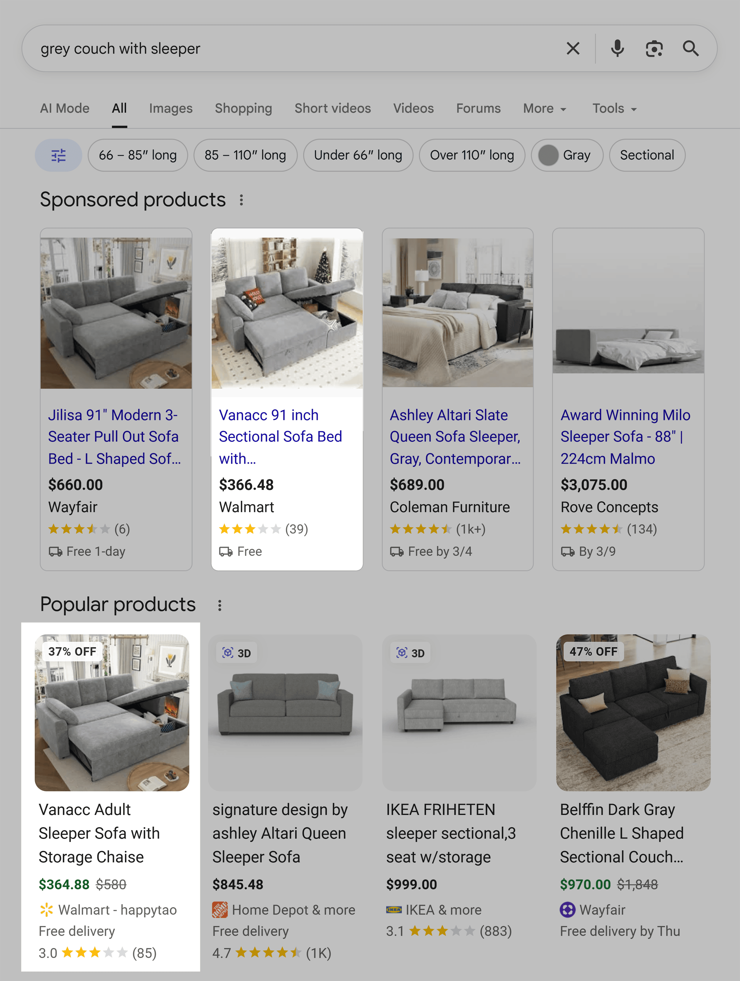 Google SERP &ndash; Grey couch with sleeper