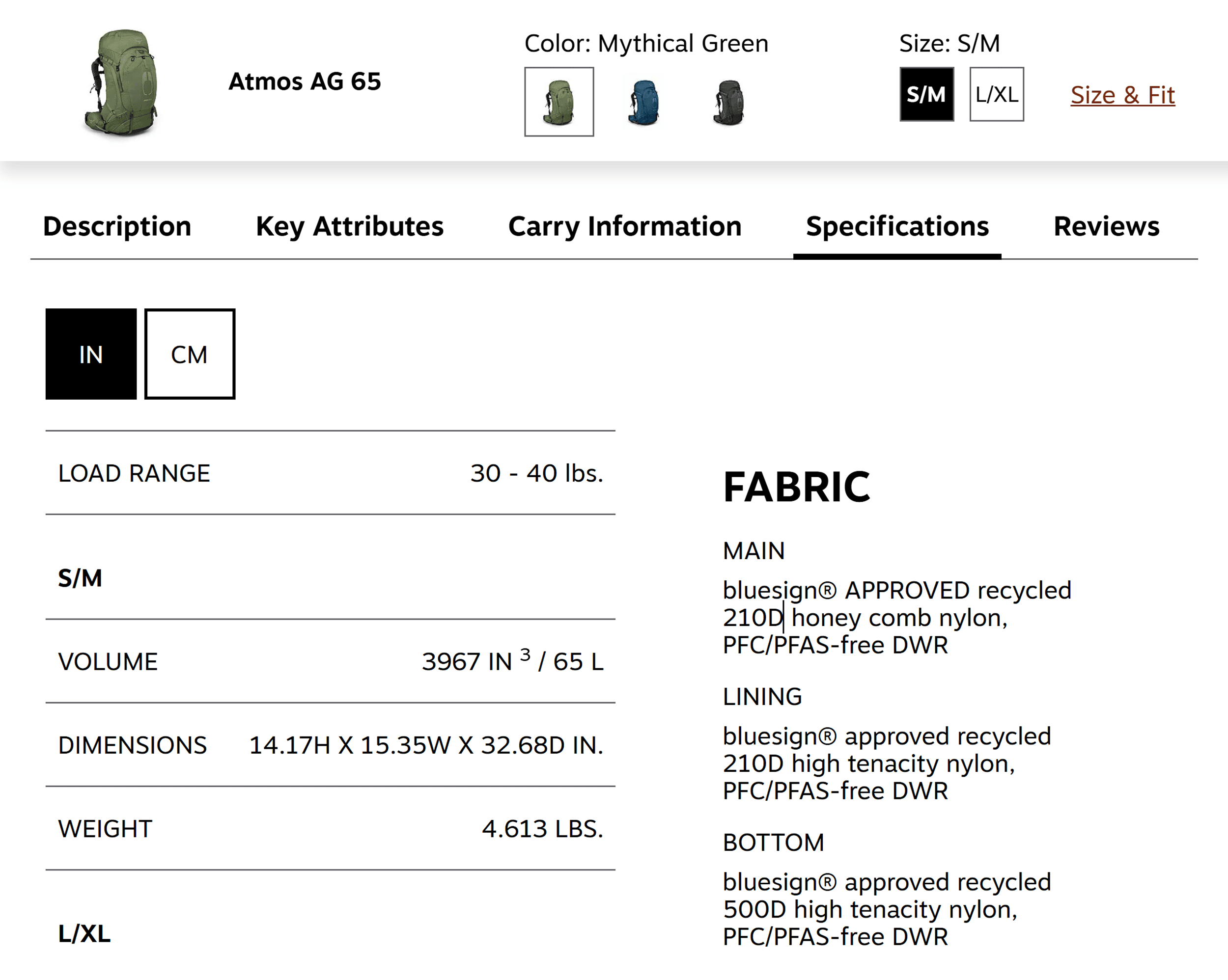 Osprey &ndash; Product specifications