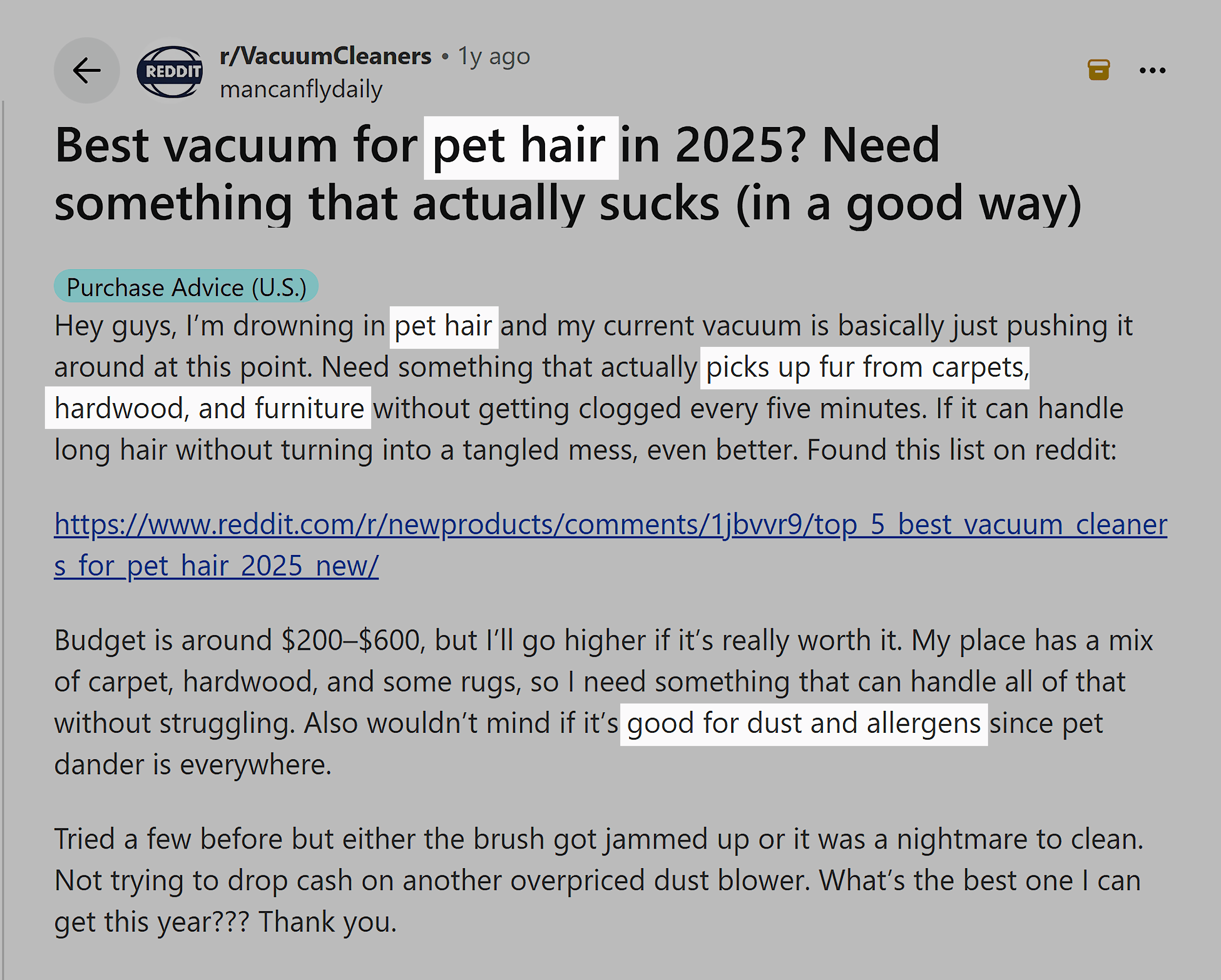 Reddit &ndash; Best vacuum for pet hair