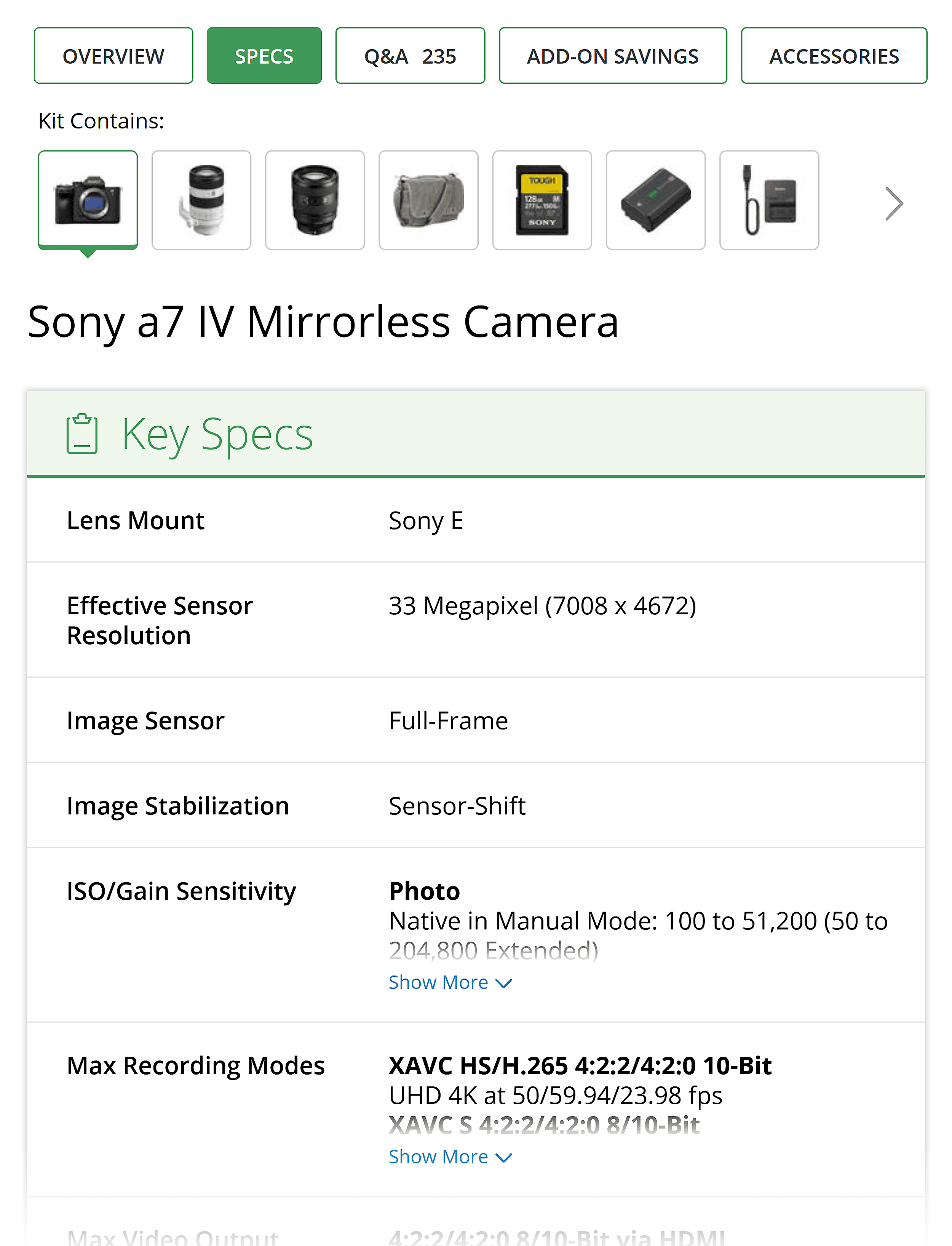Sony &ndash; Product &ndash; Key Specs
