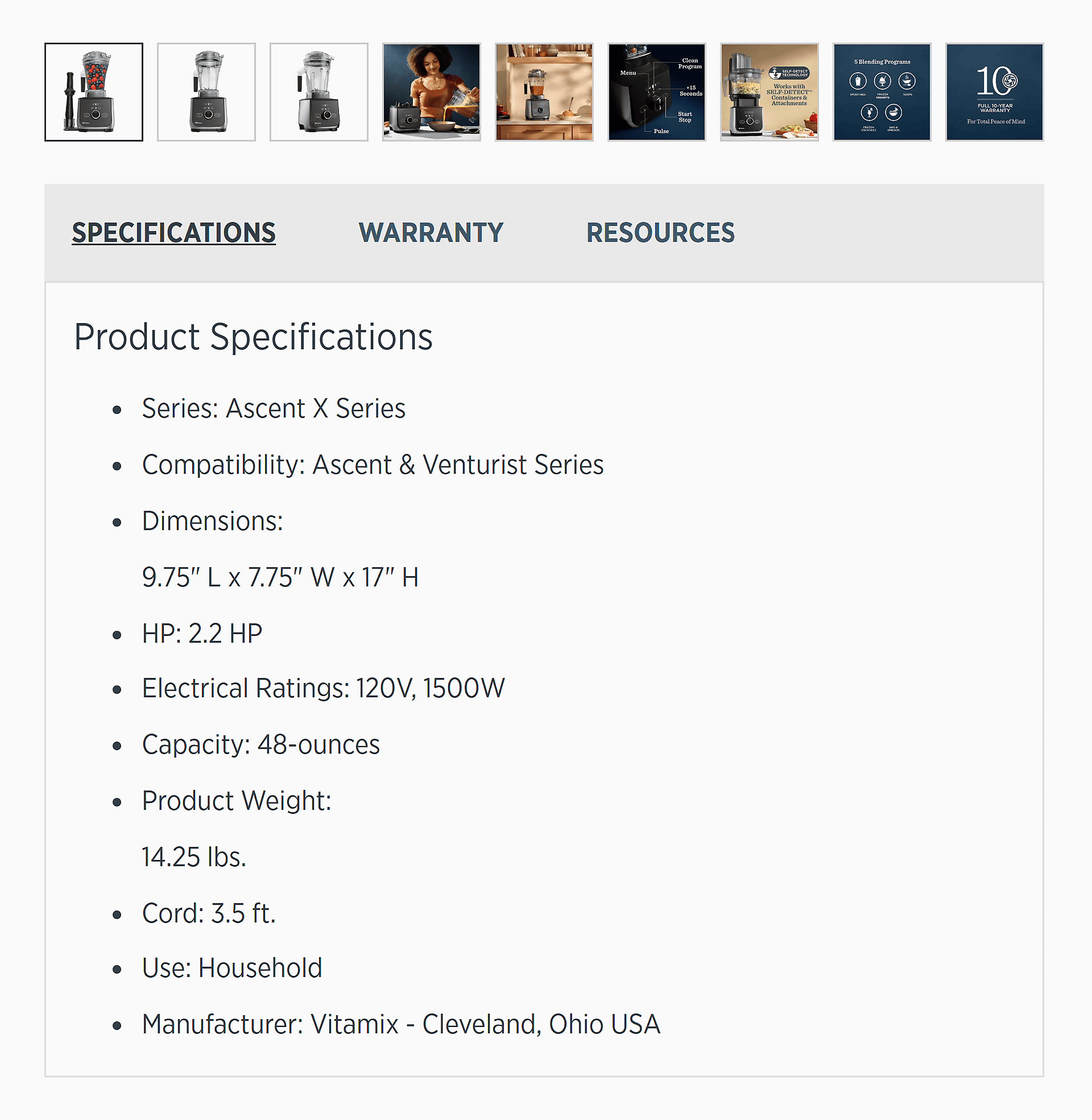 Vitamix &ndash; Product specifications