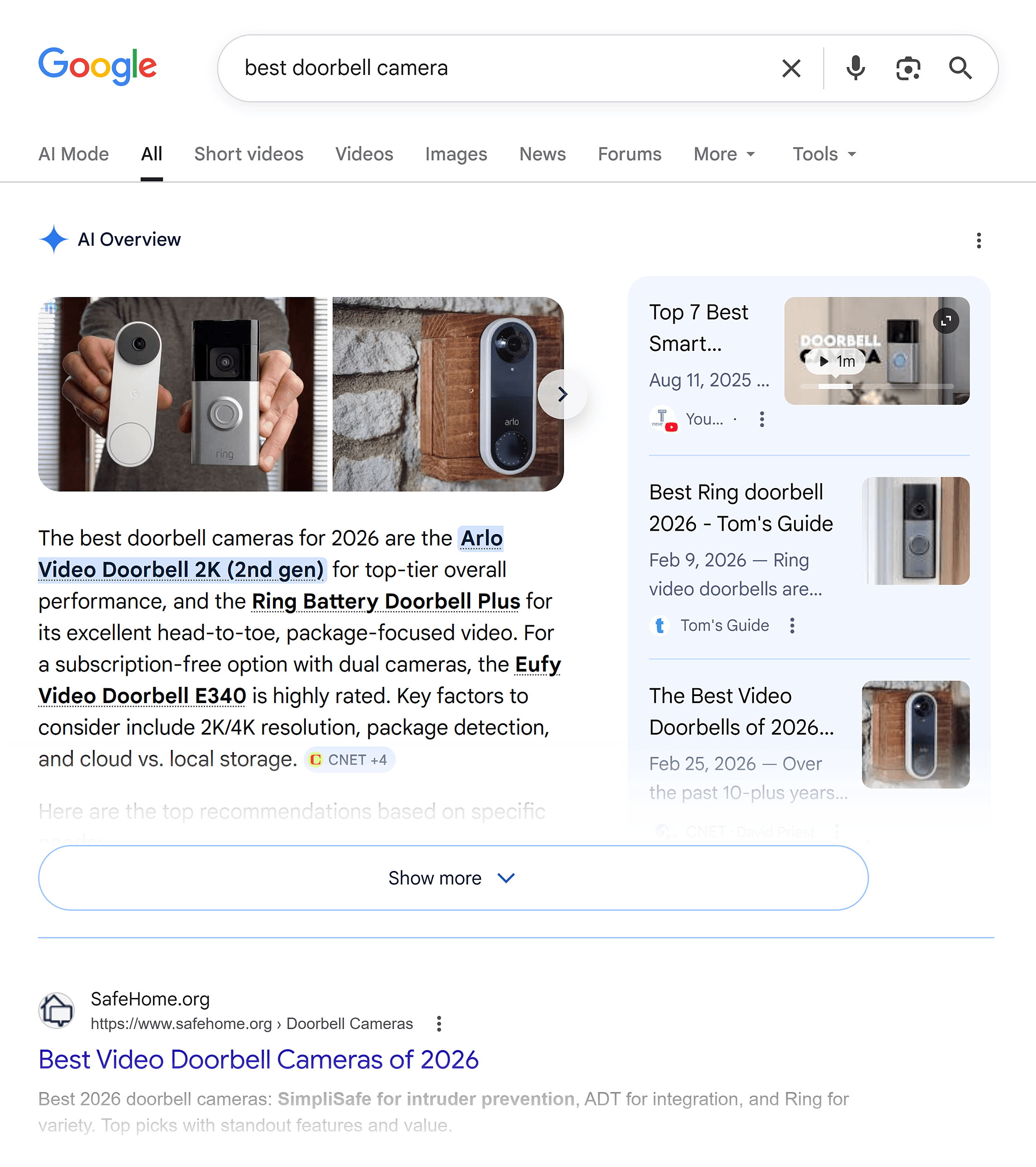 Google SERP &ndash; Best doorbell camera &ndash; AI Overview