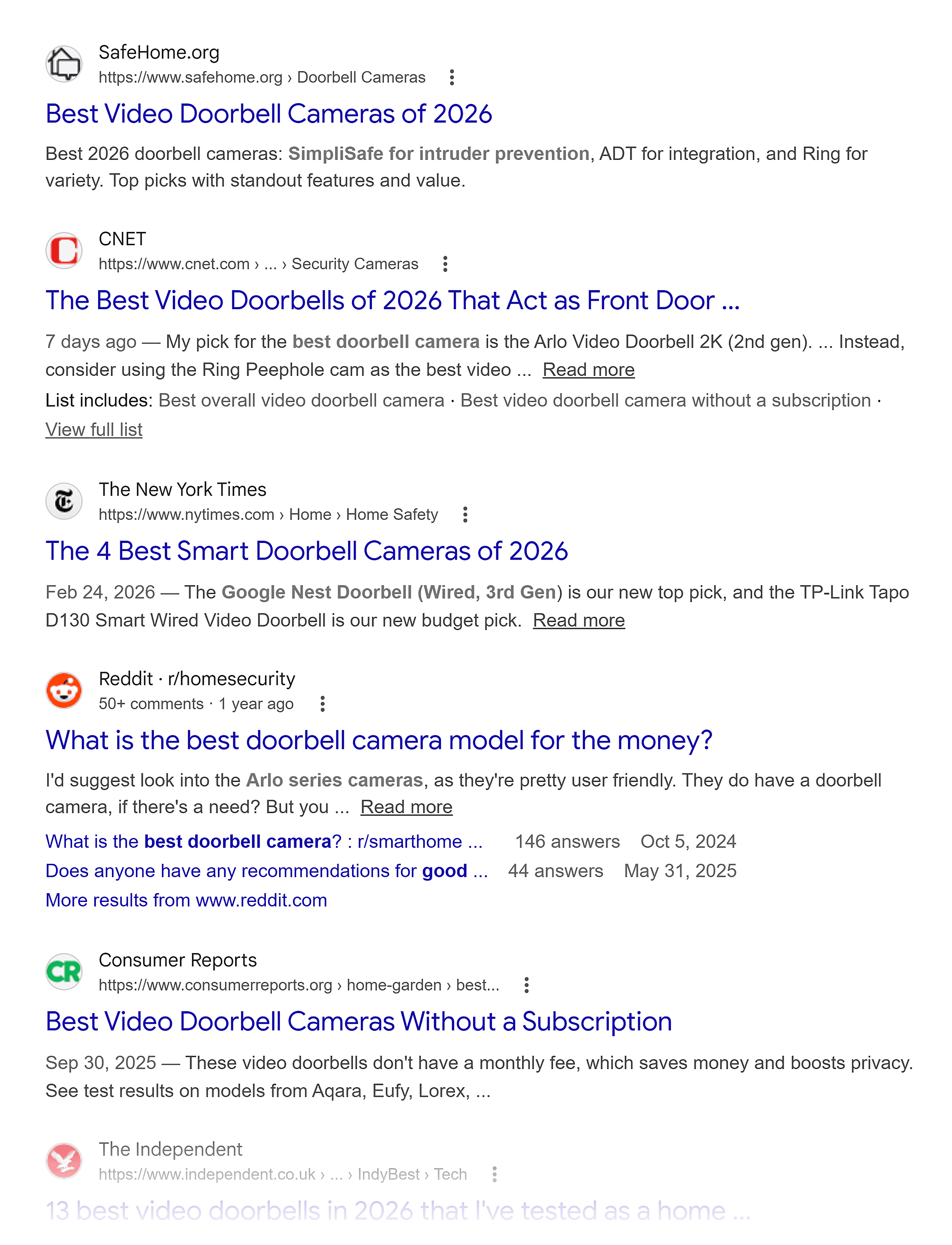 Google SERP &ndash; Best doorbell camera &ndash; Organic