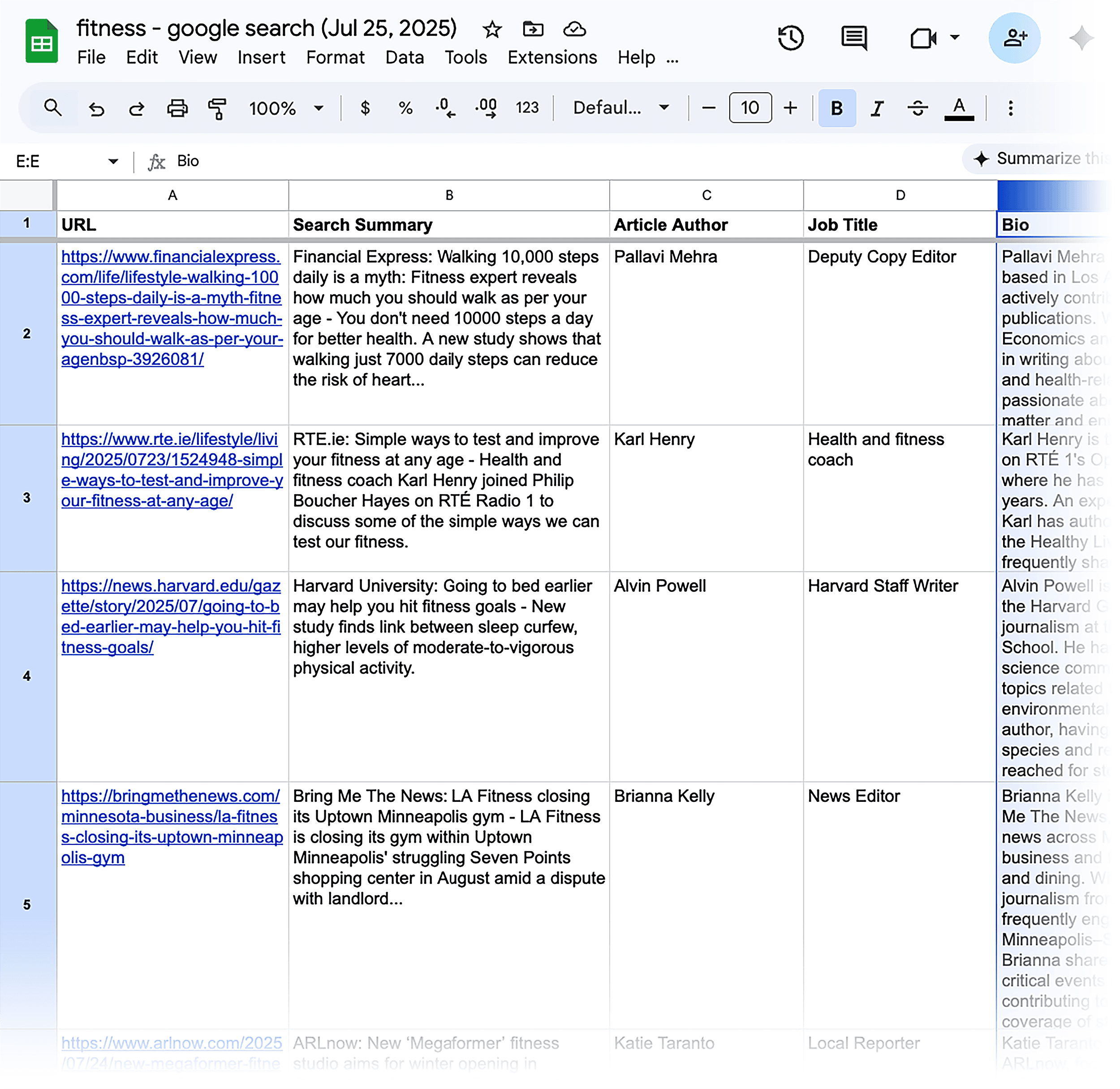 Google Sheets &ndash; Fitness outreach