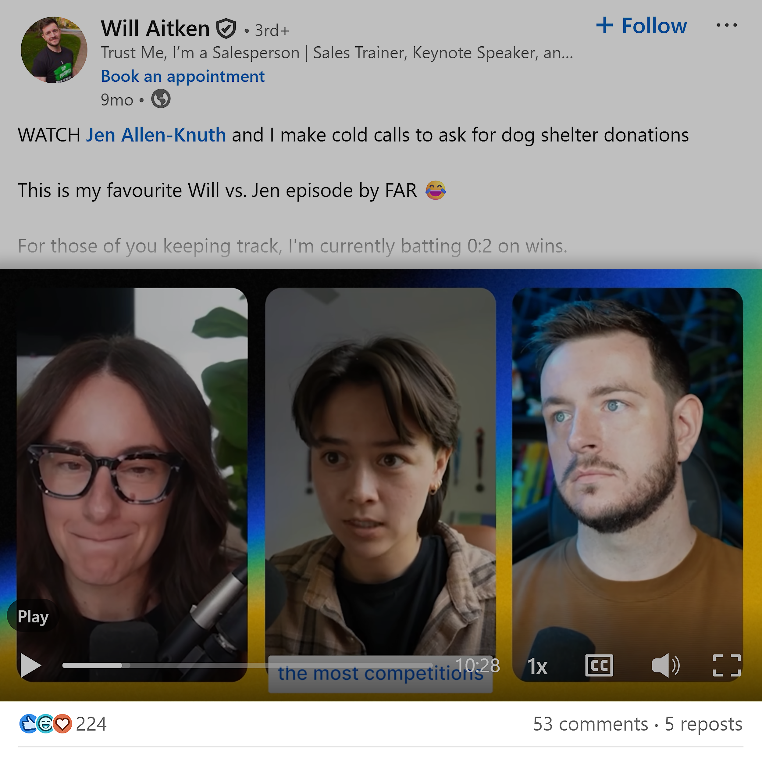 LinkedIn &ndash; Will Aitken video &ndash; Engagement