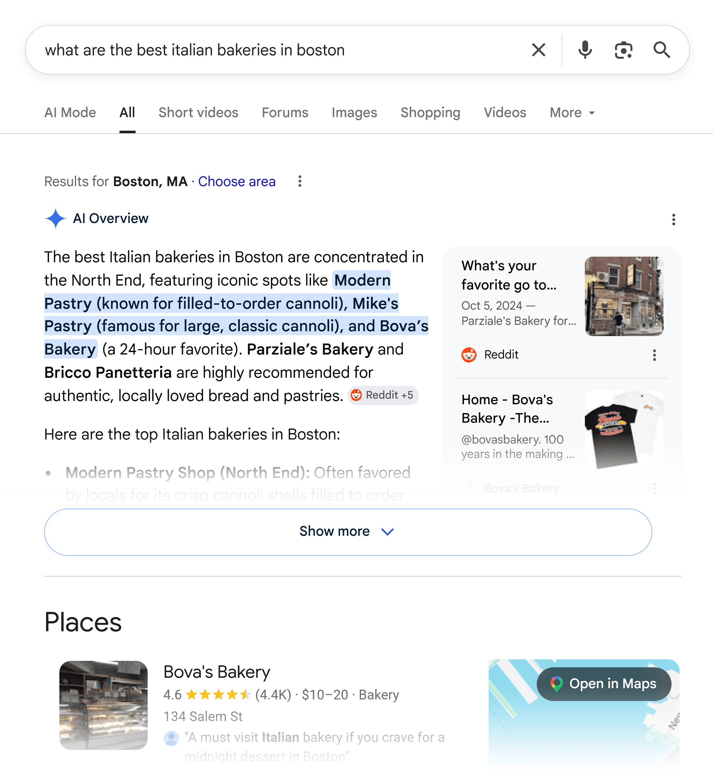 Google SERP &ndash; Best Italian bakery Boston
