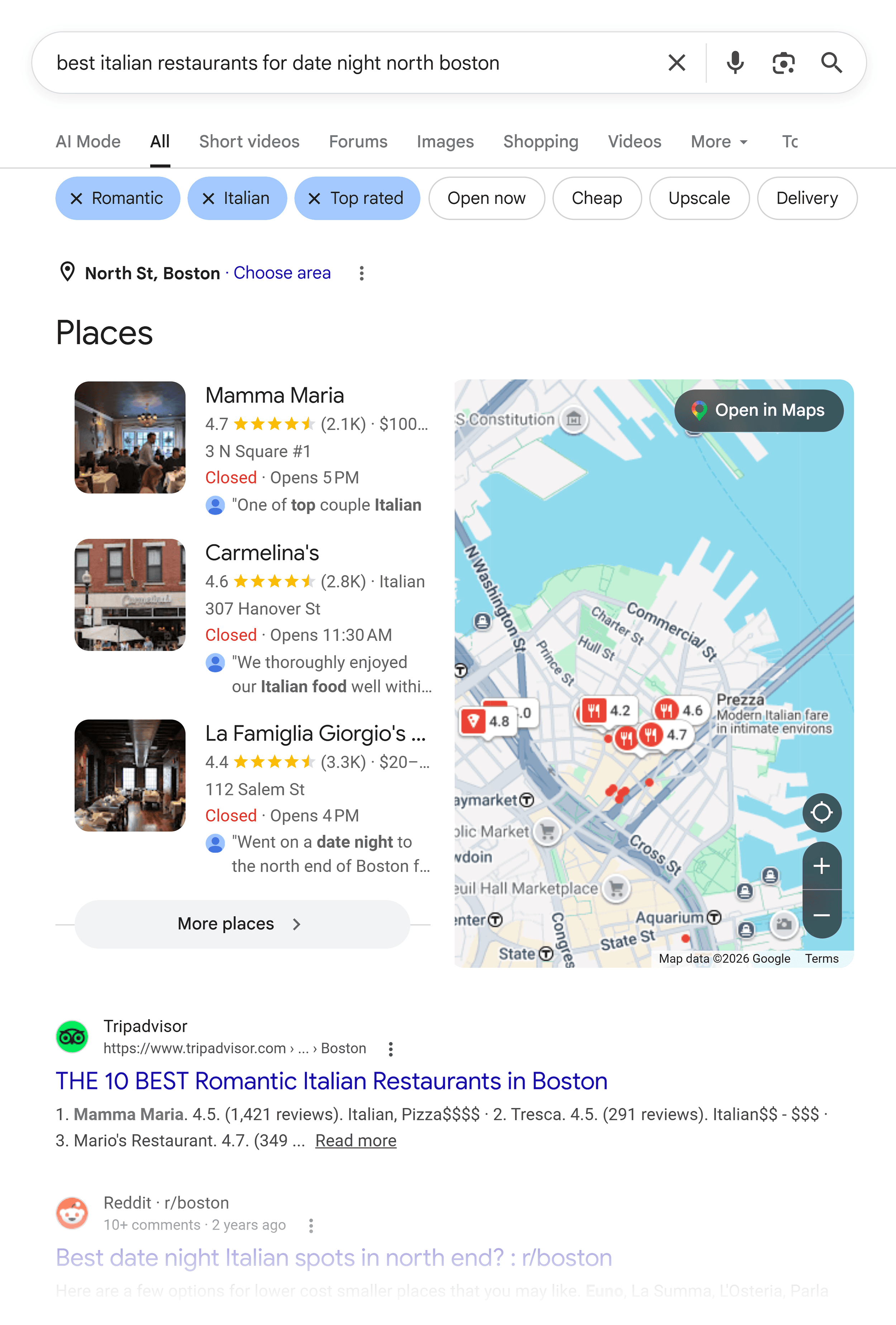 Google SERP &ndash; Best Italian restaurant Boston