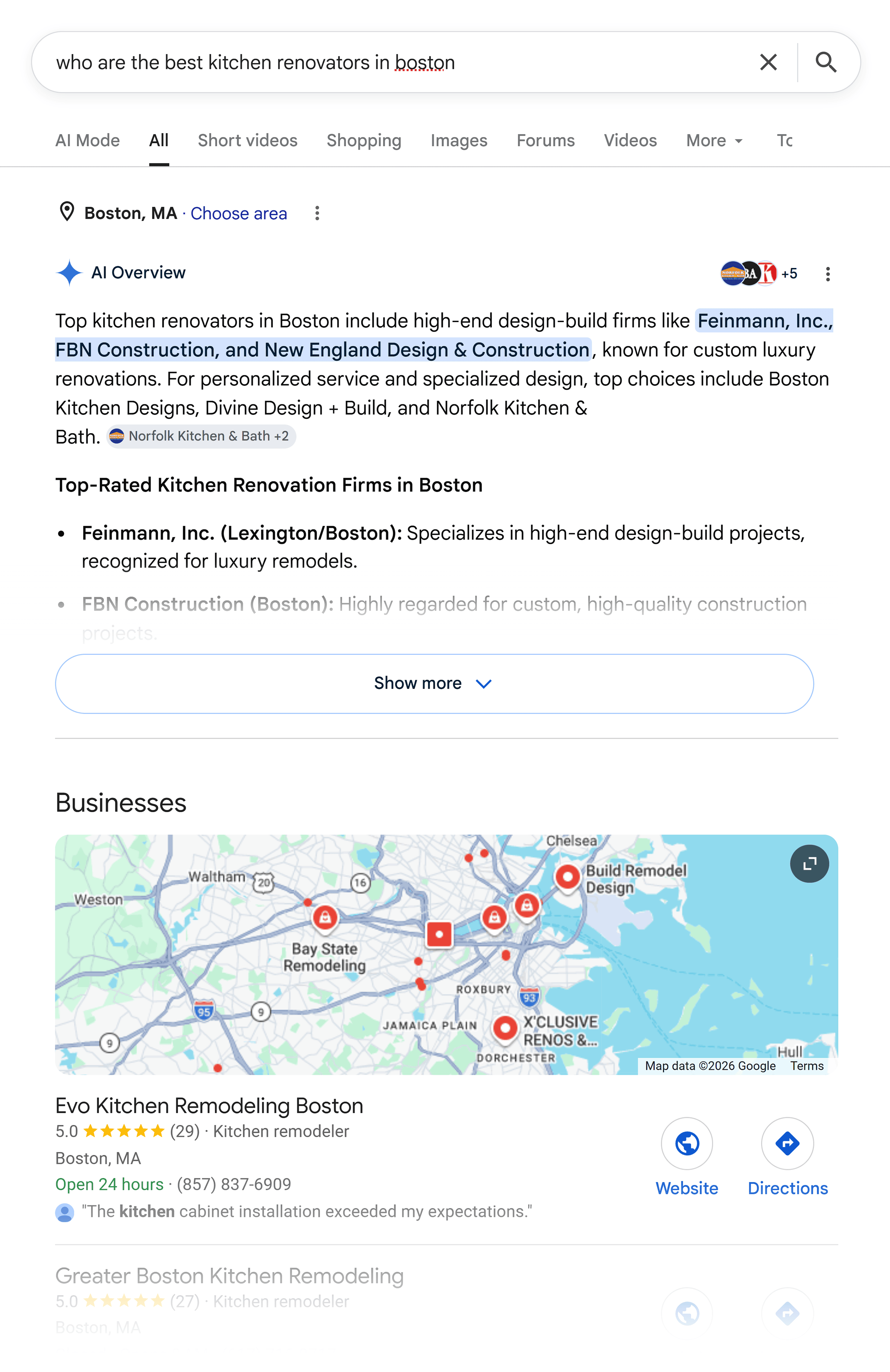 Google SERP &ndash; Best kitchen renovation Boston