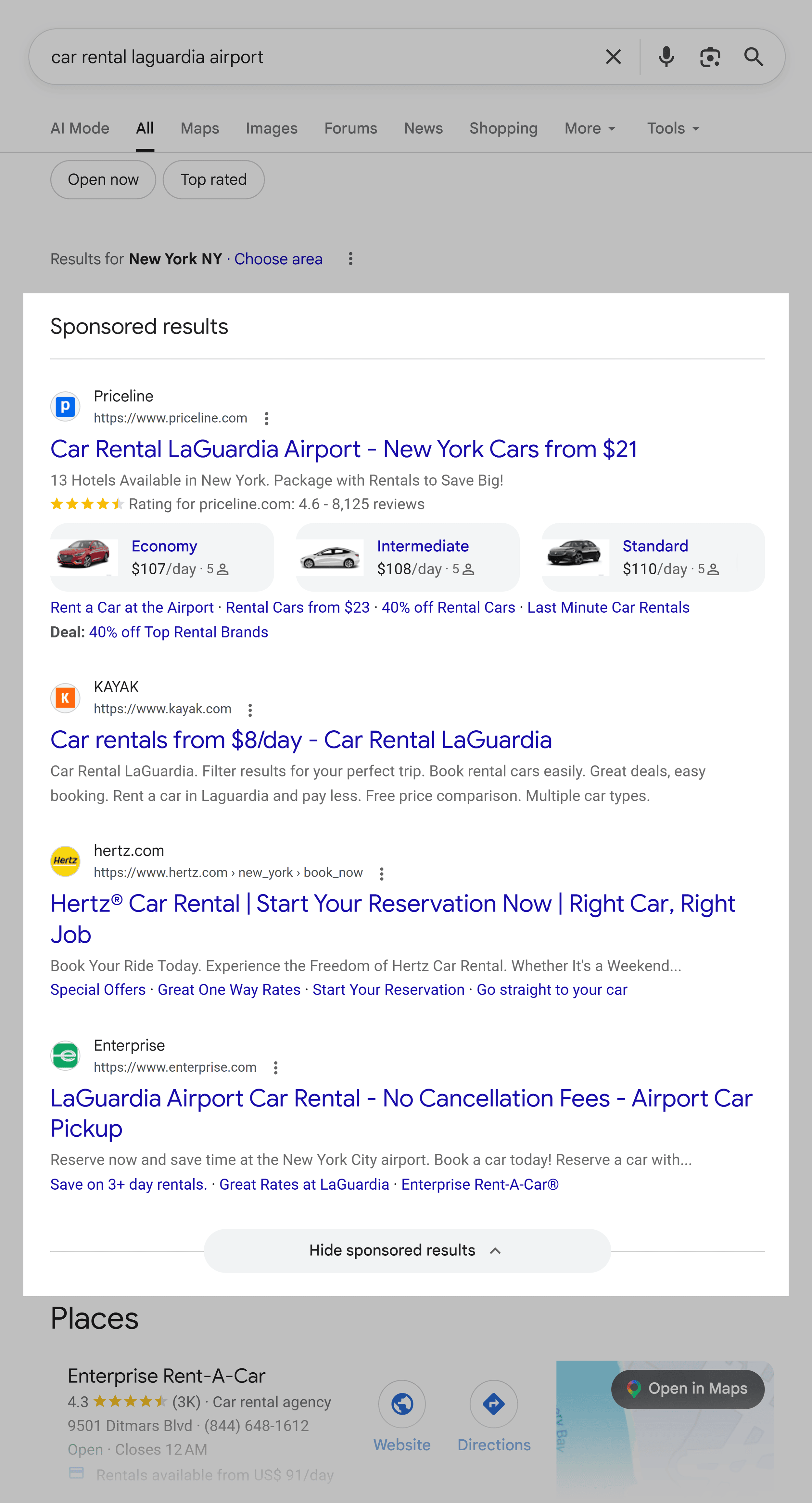 Google SERP &ndash; Car rental LaGuardia
