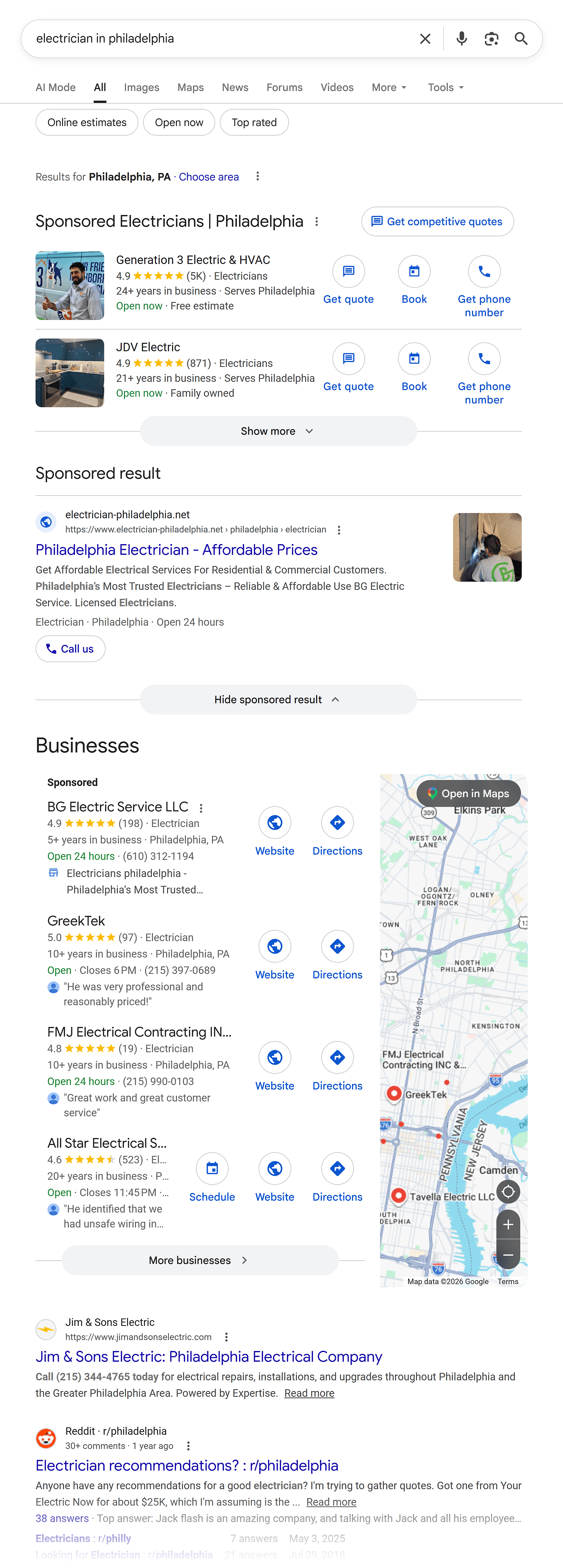Google SERP &ndash; Electrician in Philadelphia