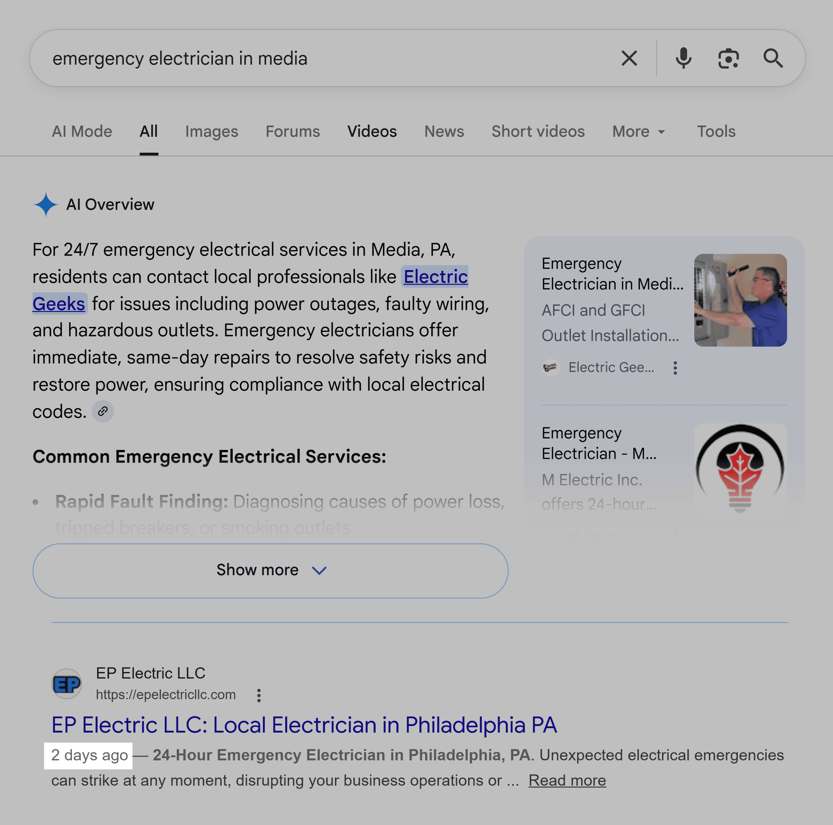 Google SERP – Emergency electric