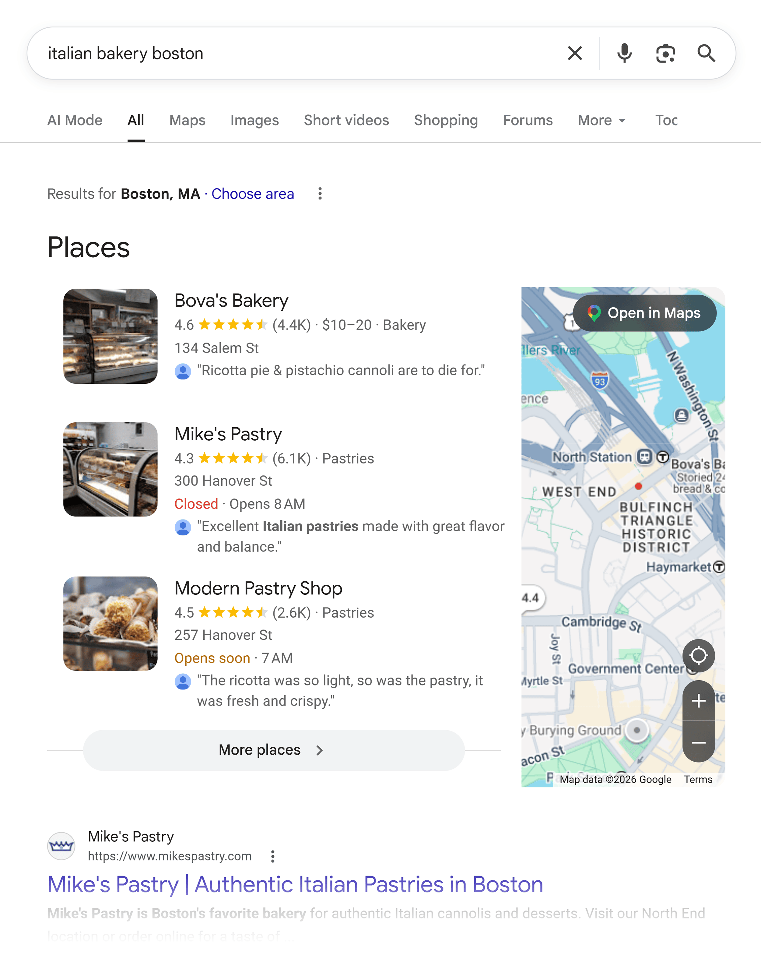 Google SERP &ndash; Italian bakery Boston