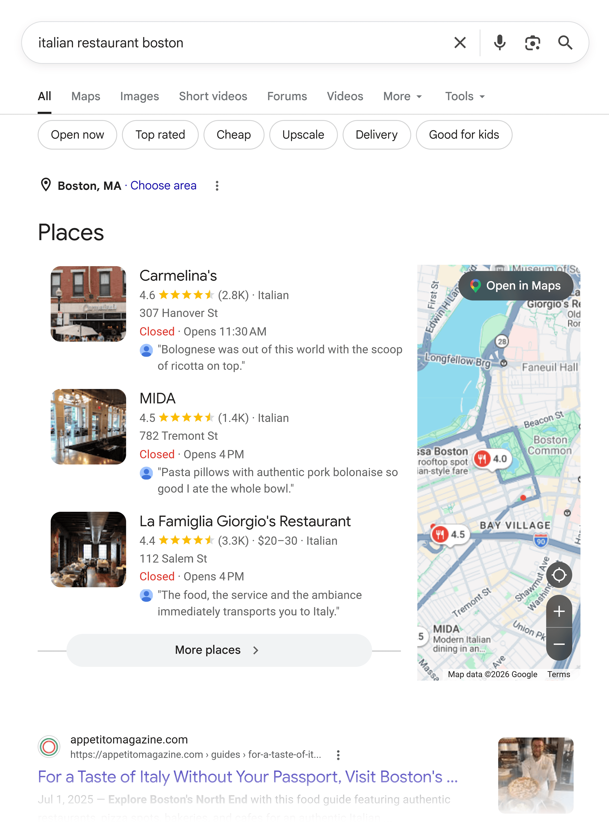 Google SERP &ndash; Italian restaurant Boston