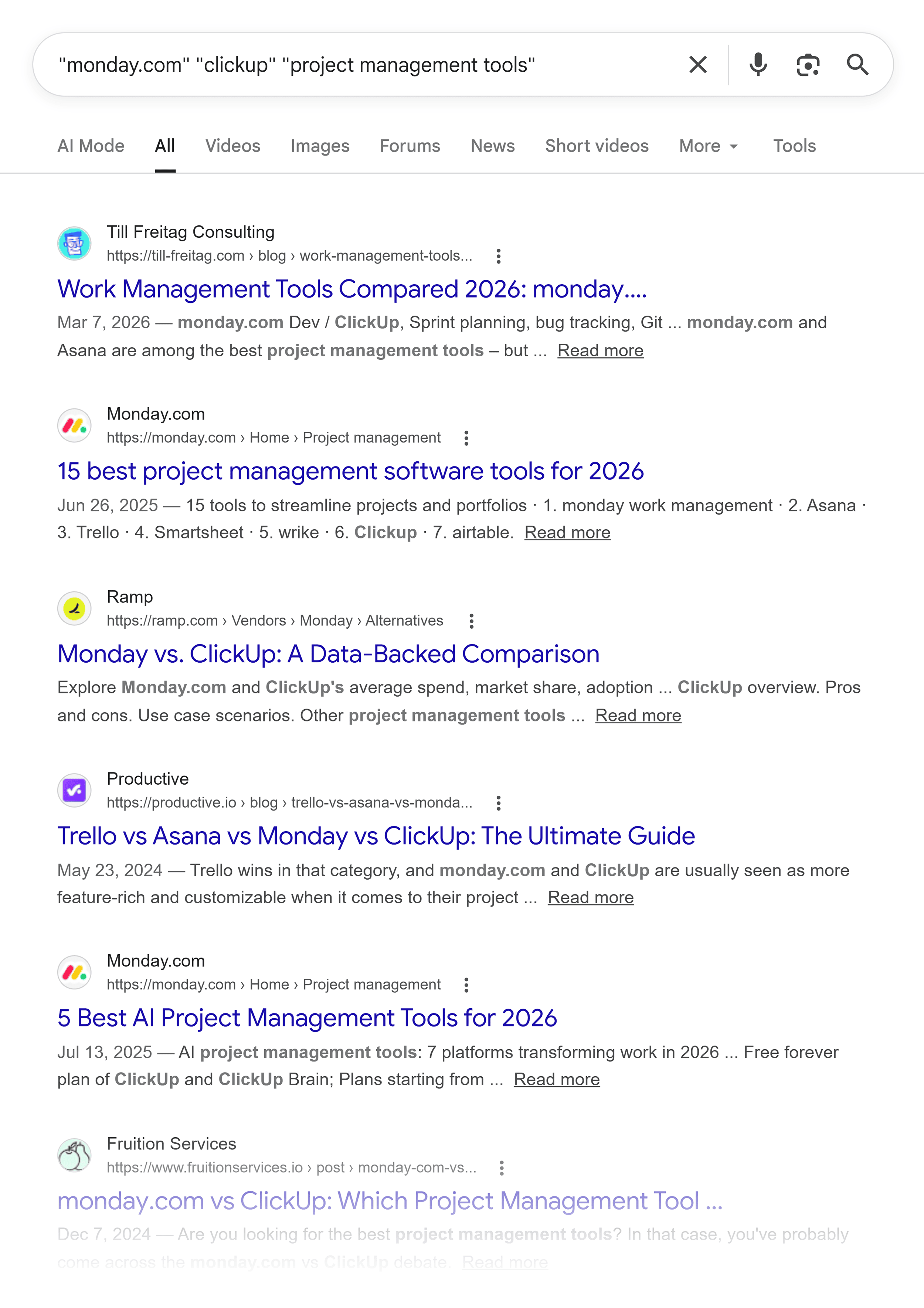 Google SERP &ndash; Monday & ClickUp mentions