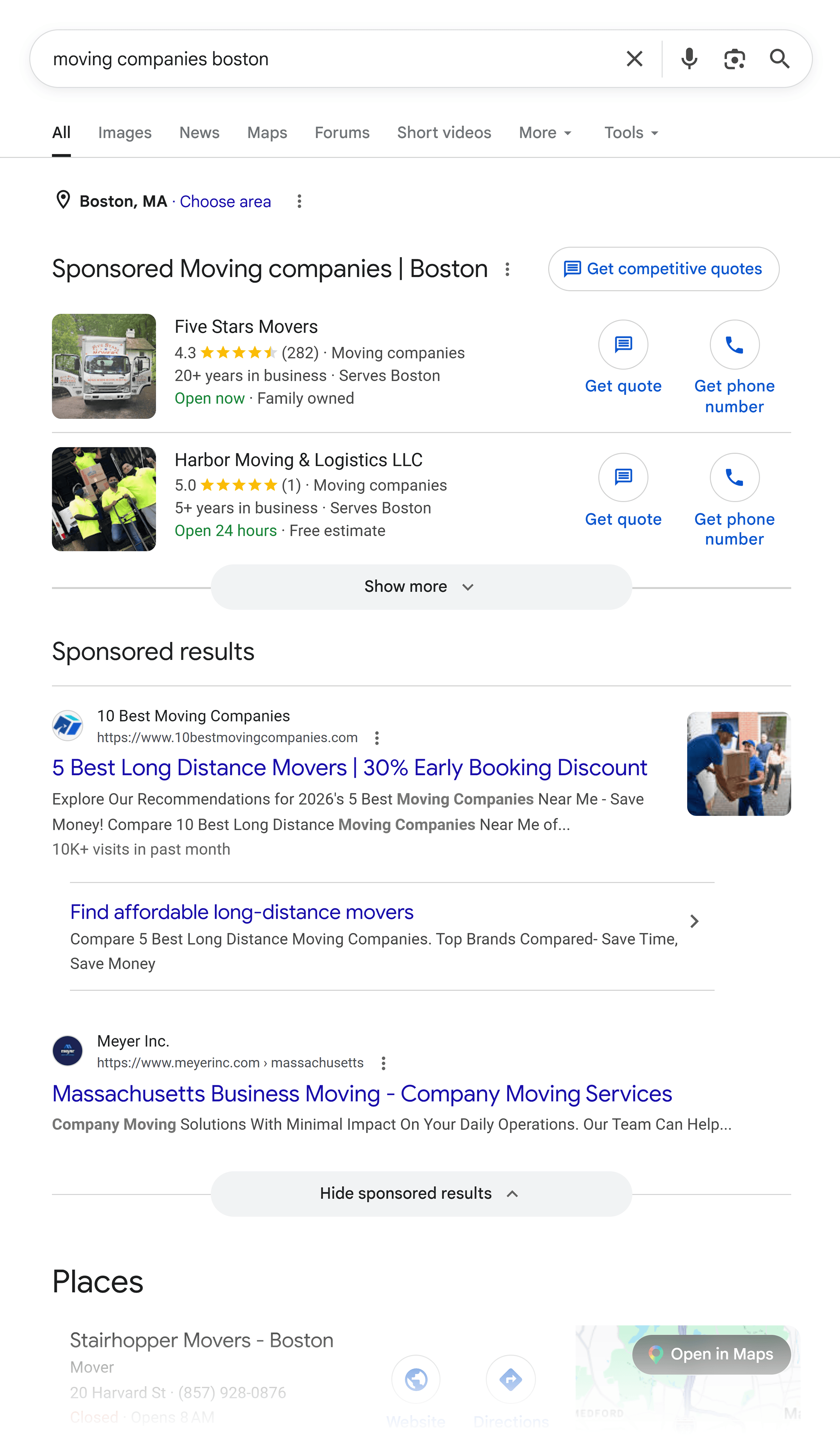 Google SERP &ndash; Moving companies Boston