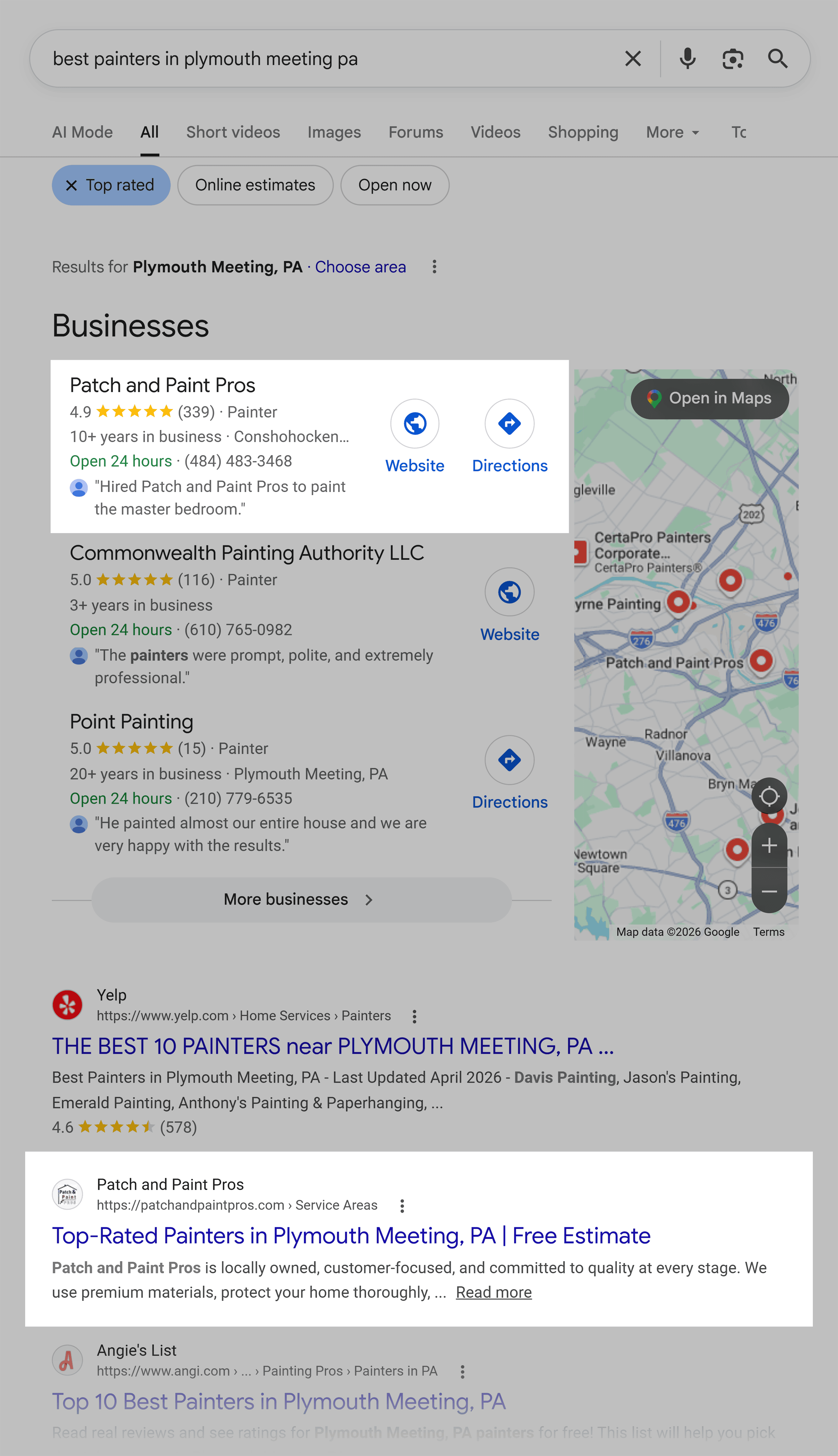 Google SERP &ndash; Painters Plymouth Meeting