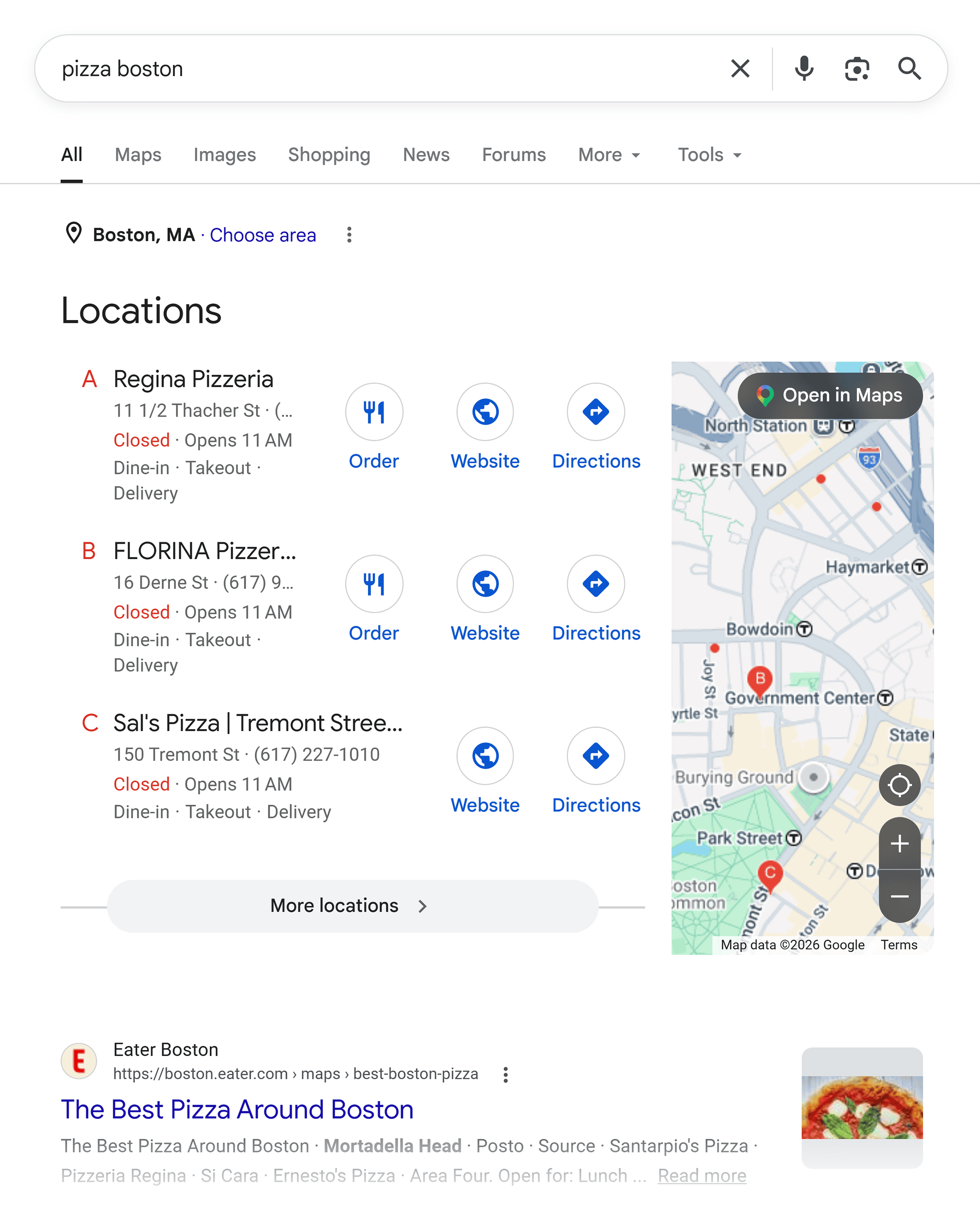 Google SERP &ndash; Pizza Boston