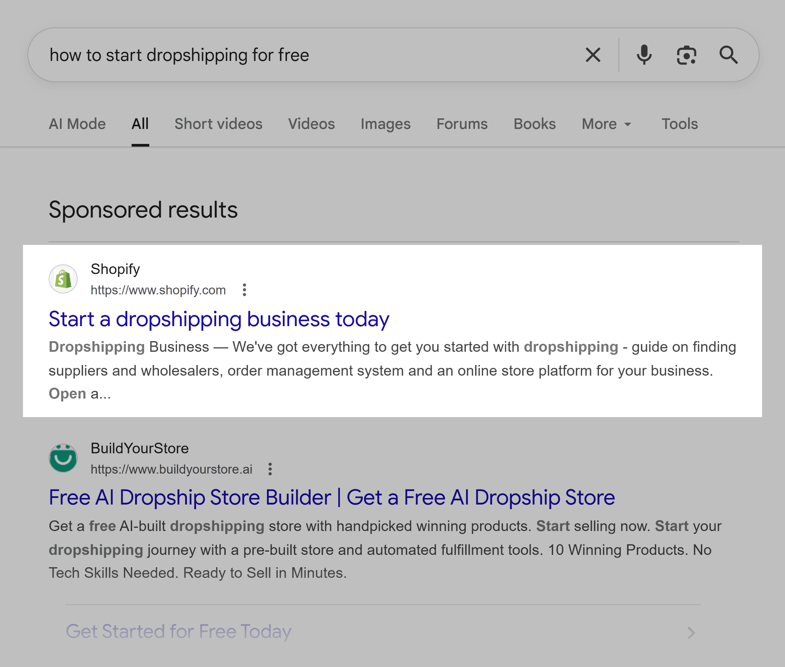 Google SERP – Shopify ad