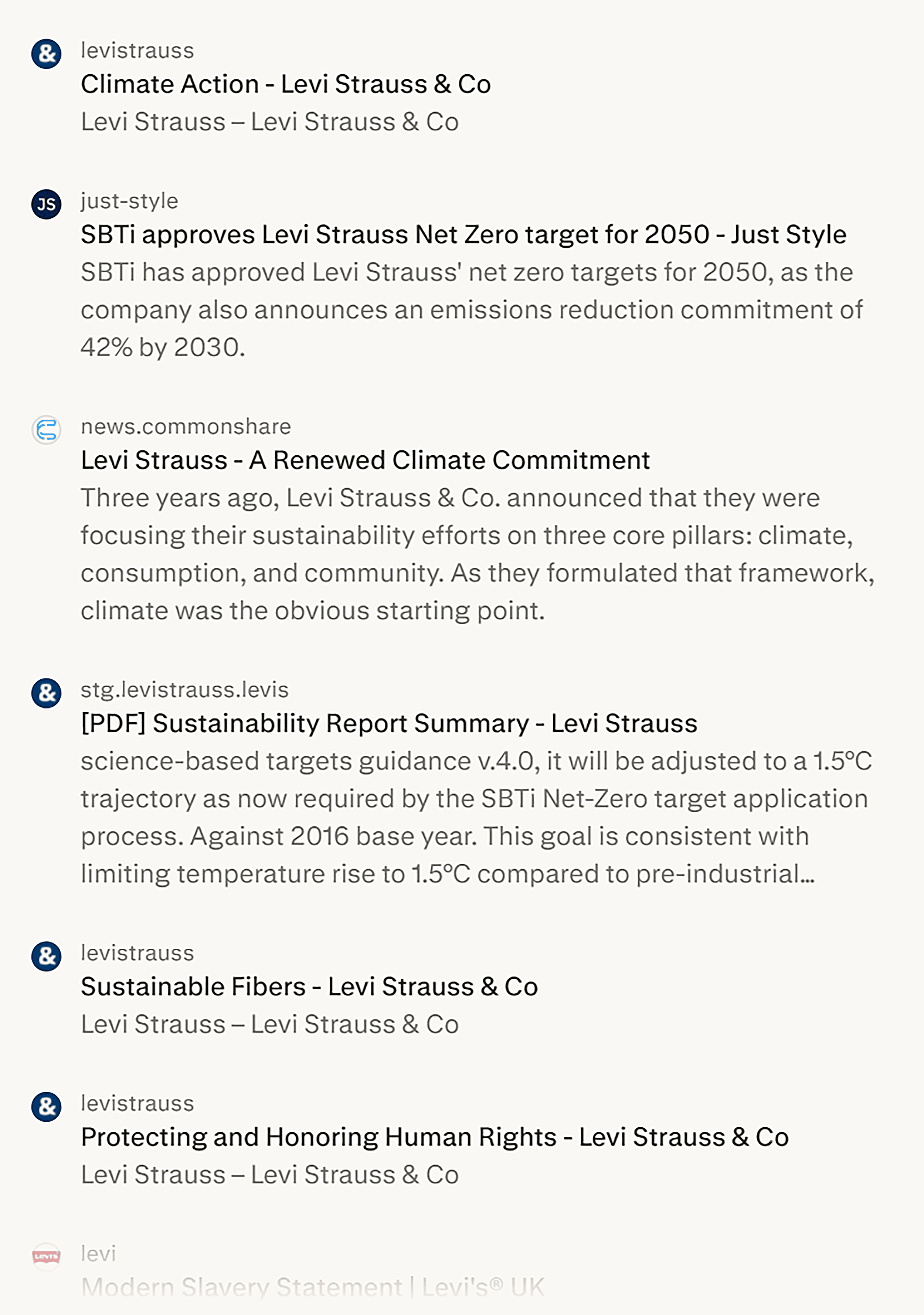 Perplexity &ndash; Levis sustainability &ndash; Sources