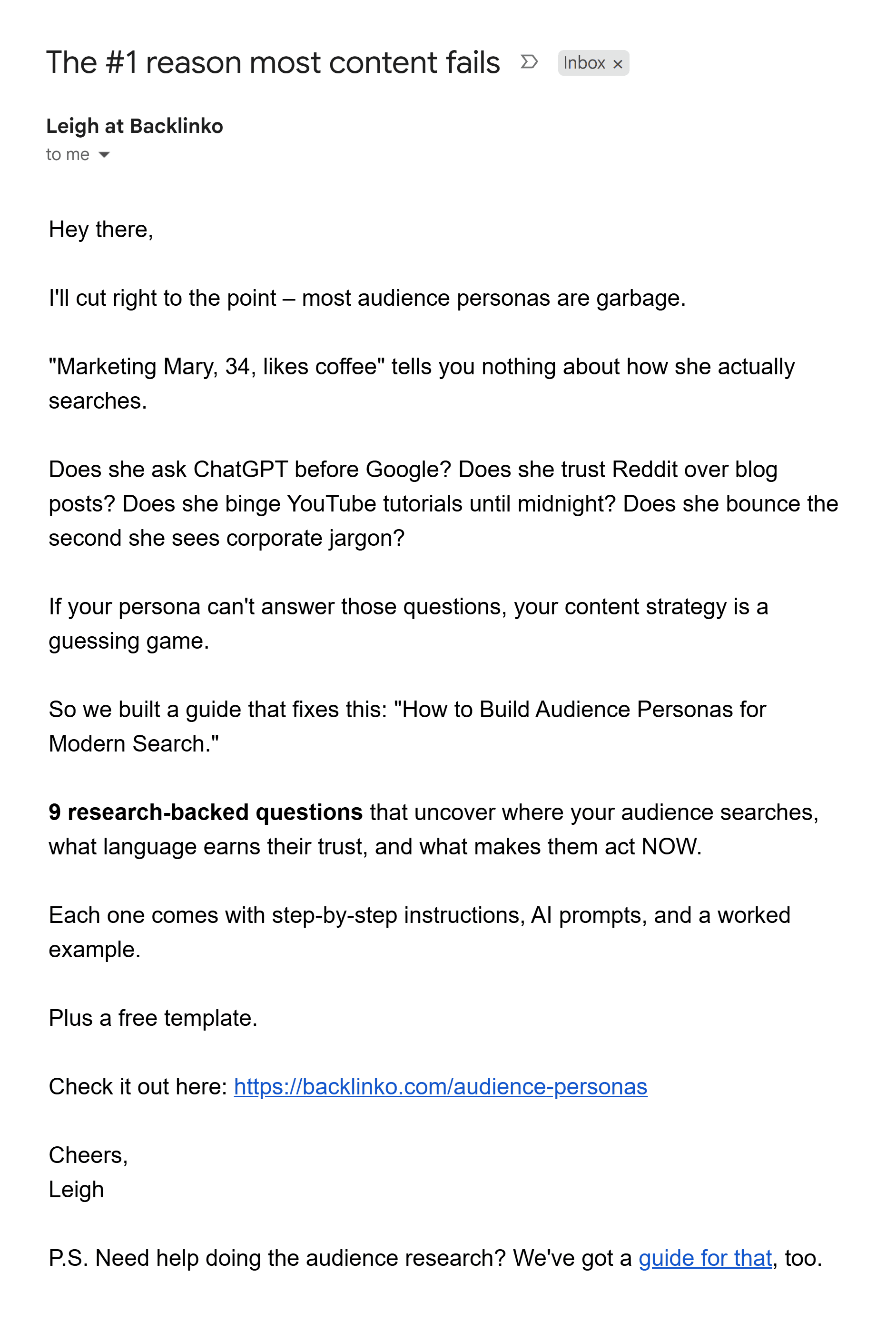 Backlinko newsletter &ndash; Audience personas