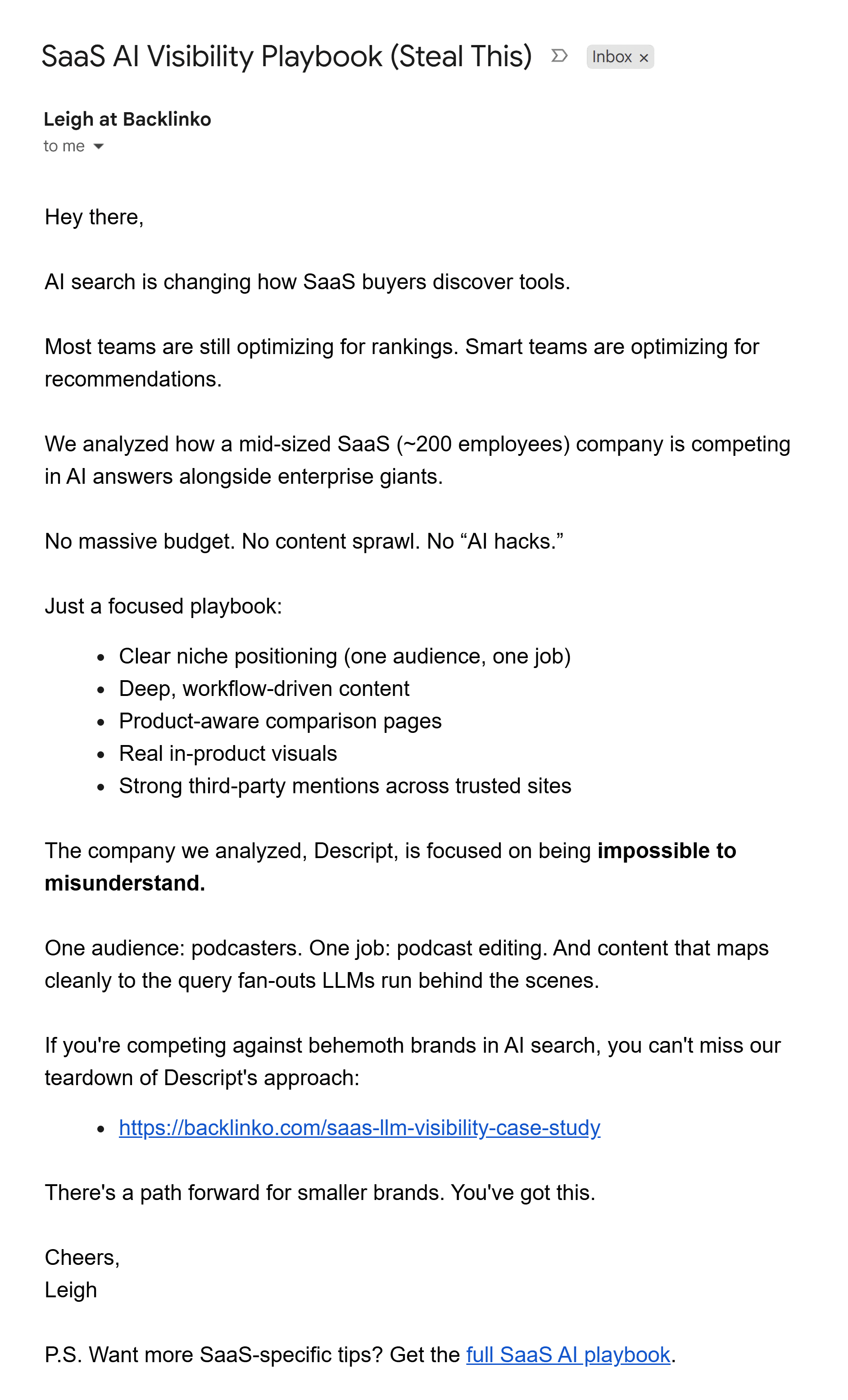 Backlinko newsletter &ndash; SaaS AI visibility