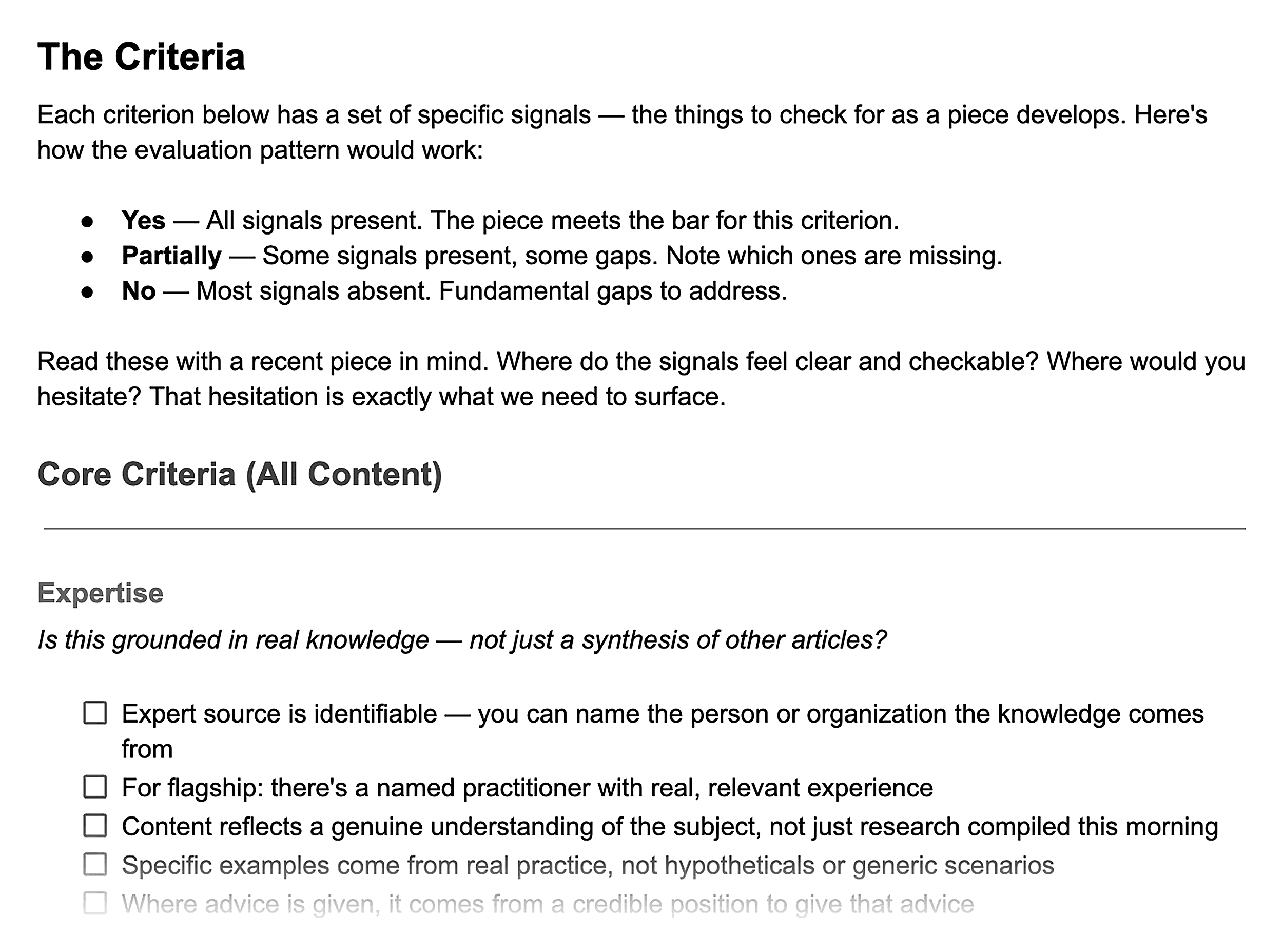 Content quality criteria