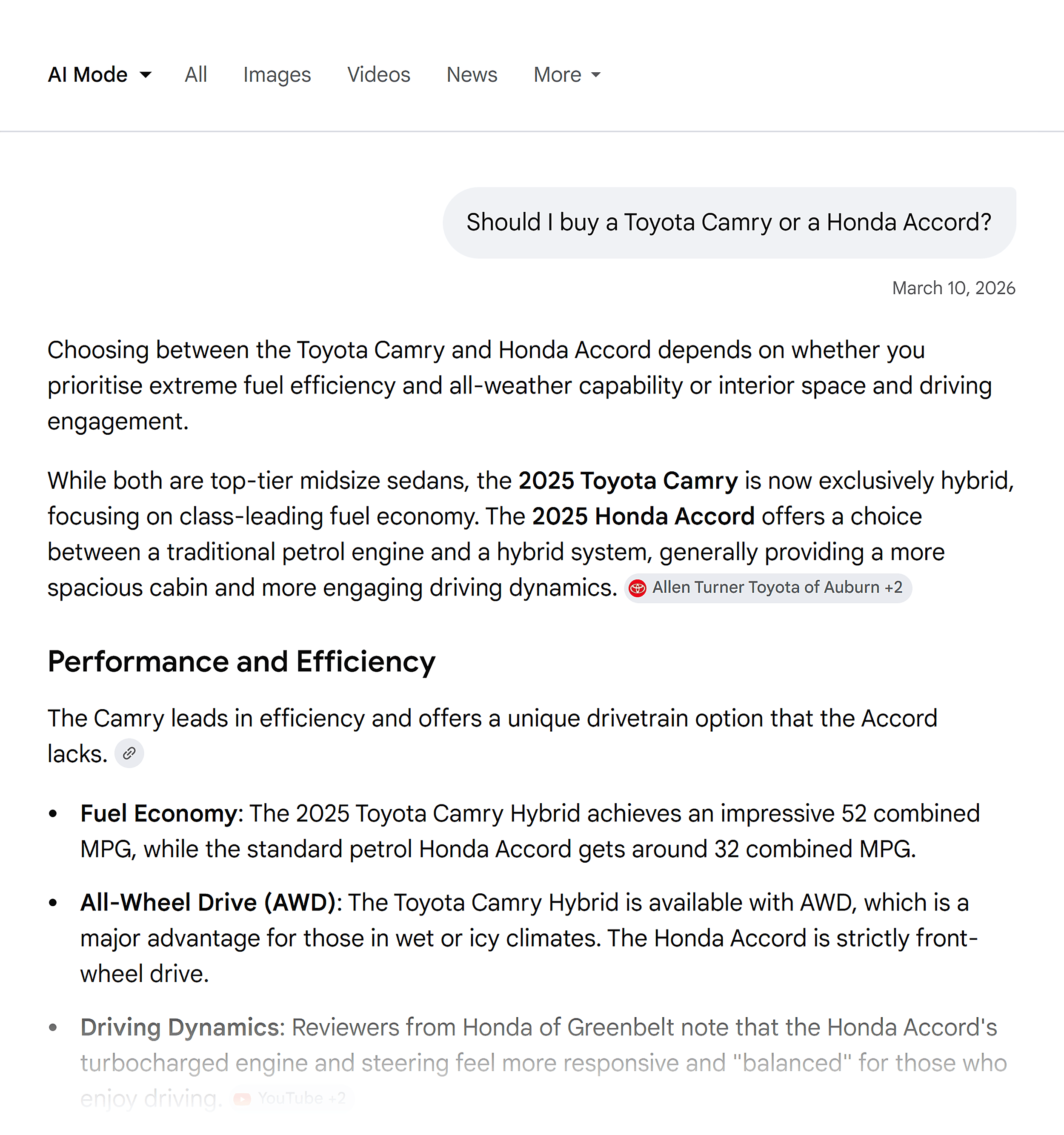 Google AI Mode &ndash; Toyota vs Honda
