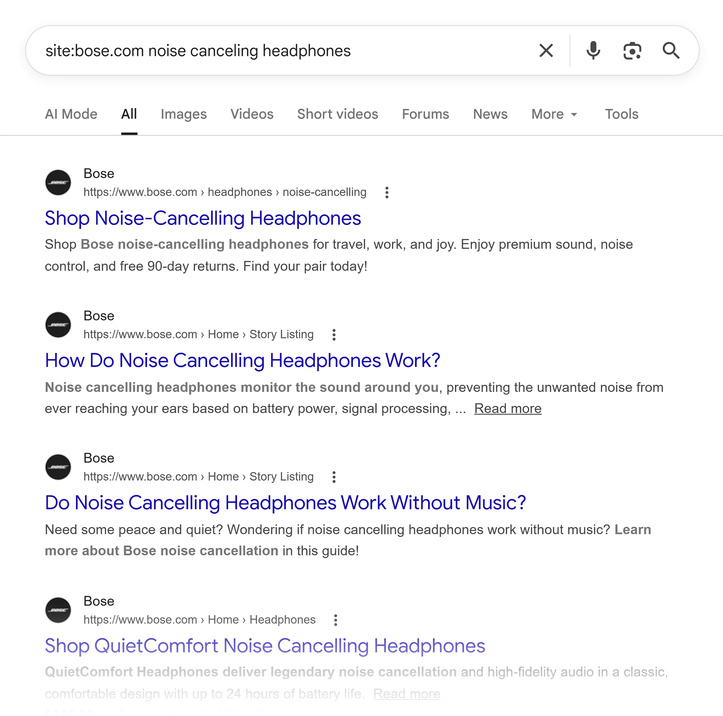 Google SERP &ndash; Bose &ndash; Noise canceling headphones
