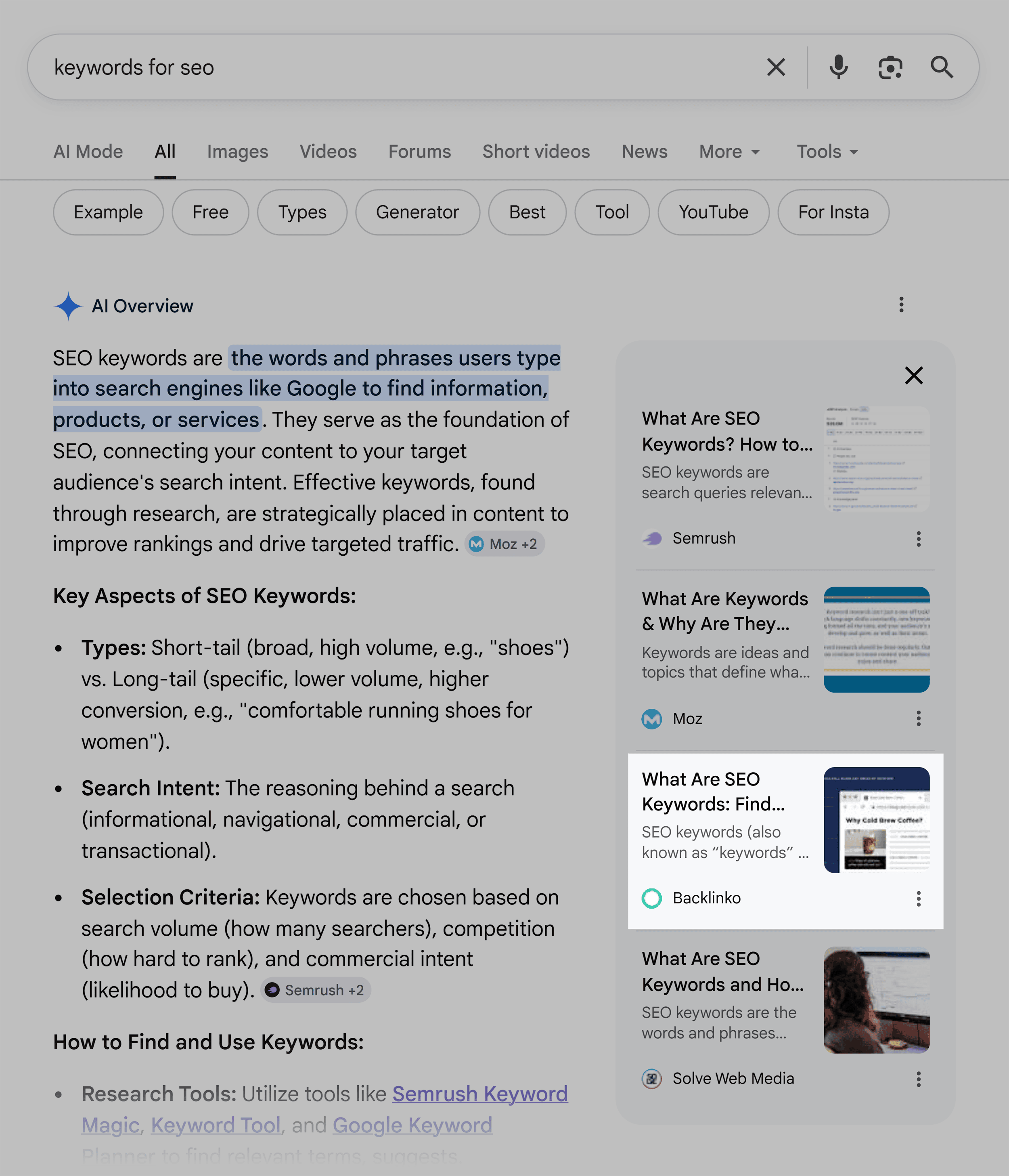 Google SERP &ndash; Keywords for SEO &ndash; AI Overview &ndash; Sources