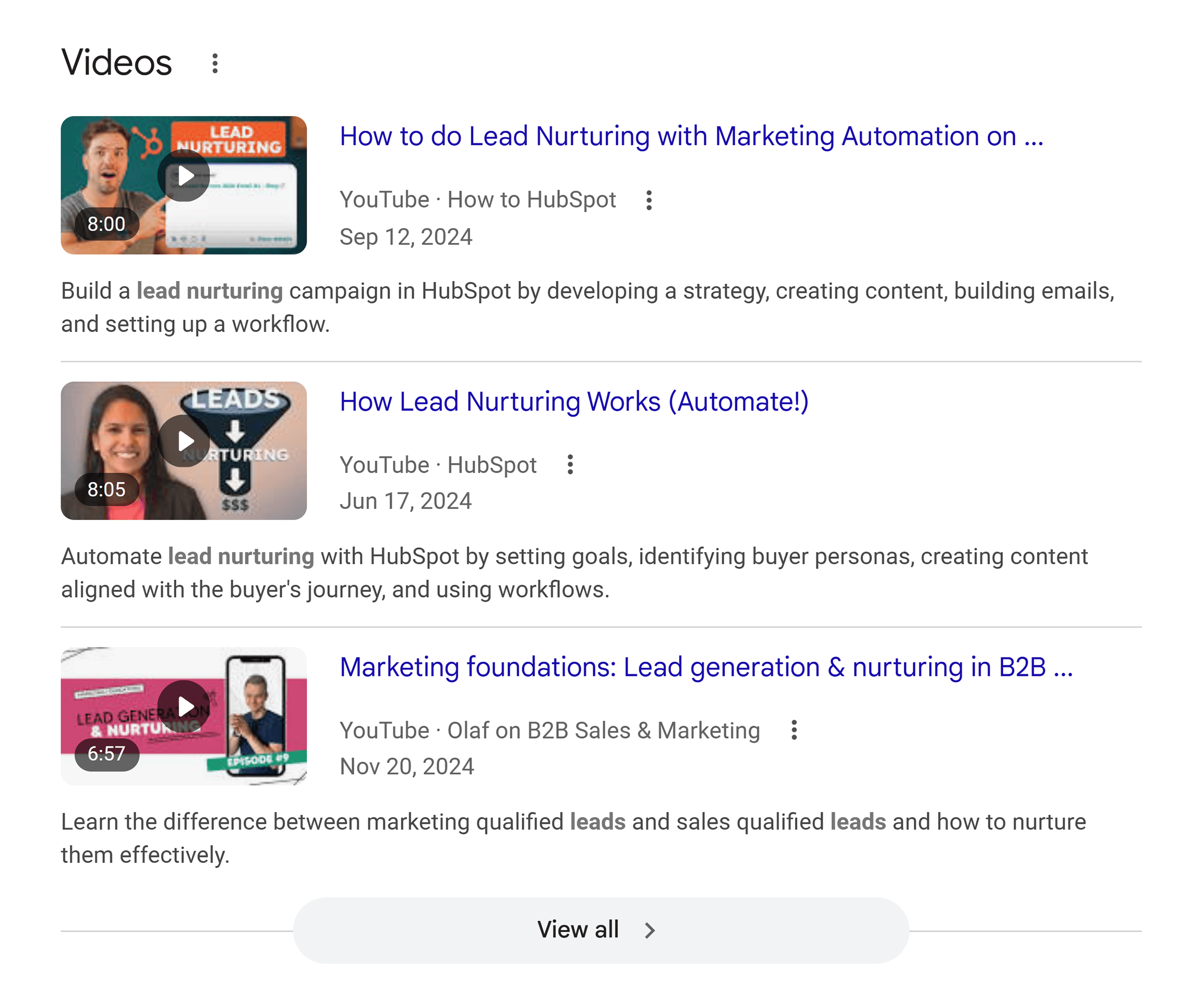 Google SERP &ndash; Lead nurturing &ndash; Videos