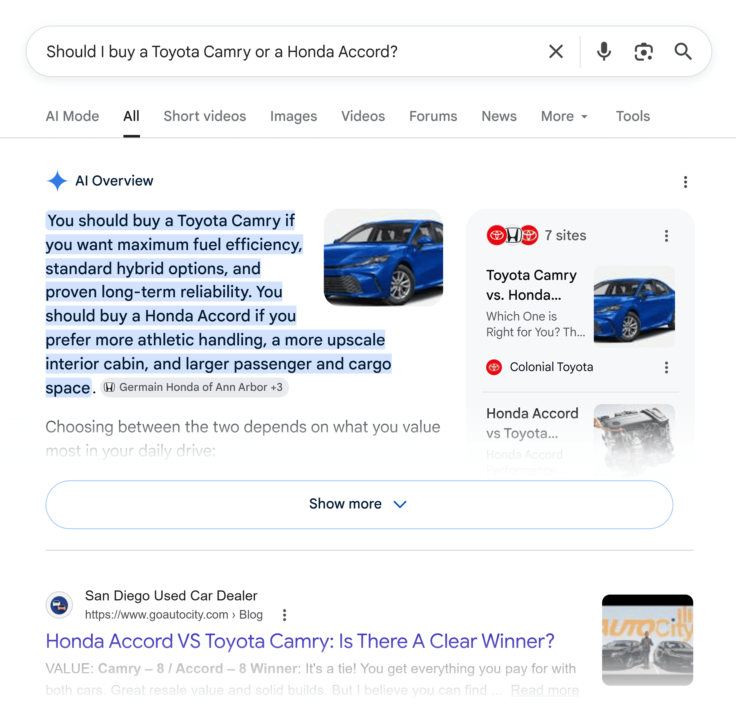 Google SERP &ndash; Toyota vs Honda &ndash; AI Overview