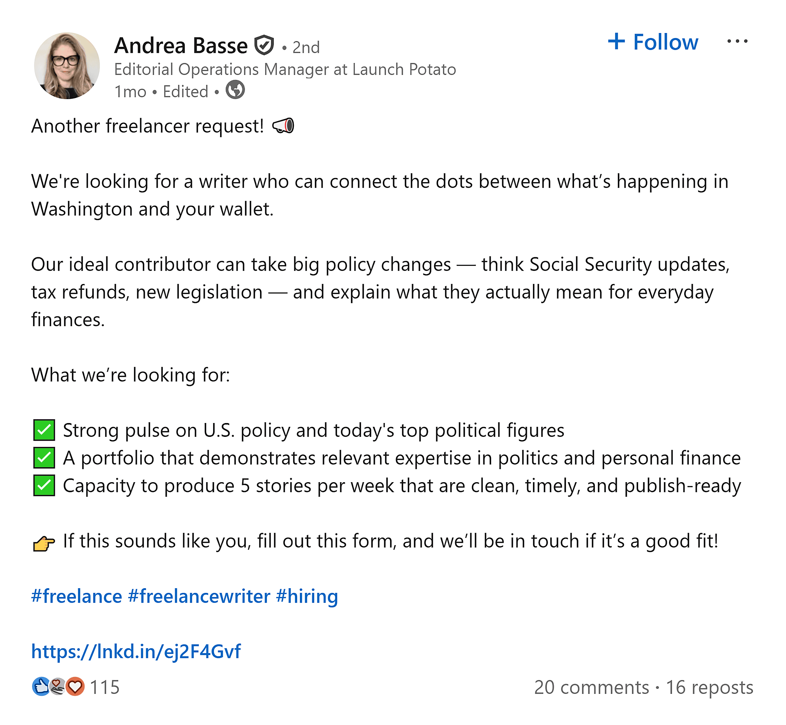 LinkedIn &ndash; Andrea Basse post