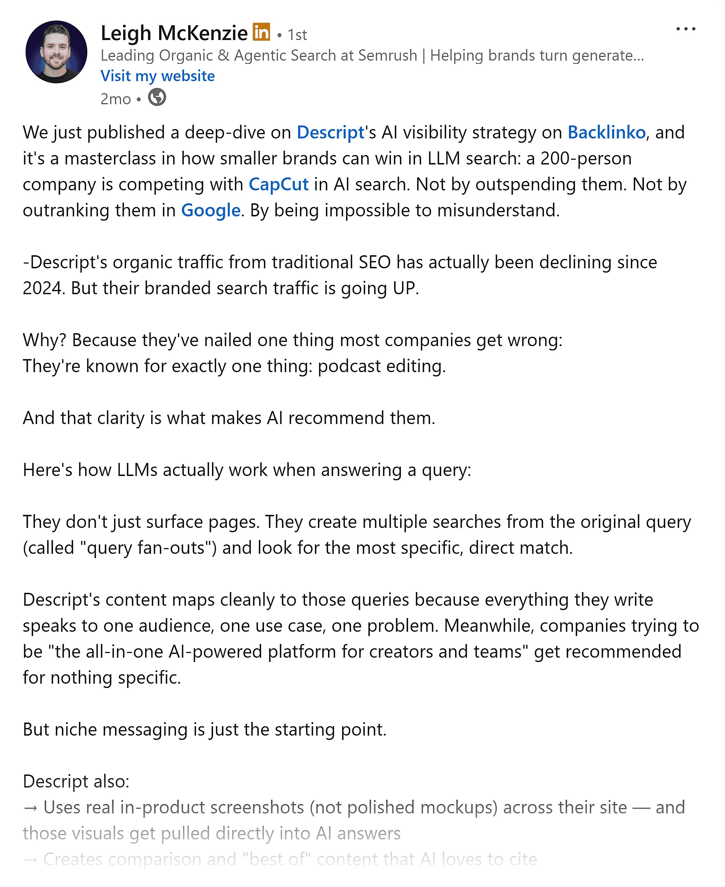 LinkedIn &ndash; Leigh post &ndash; AI visibility for SaaS