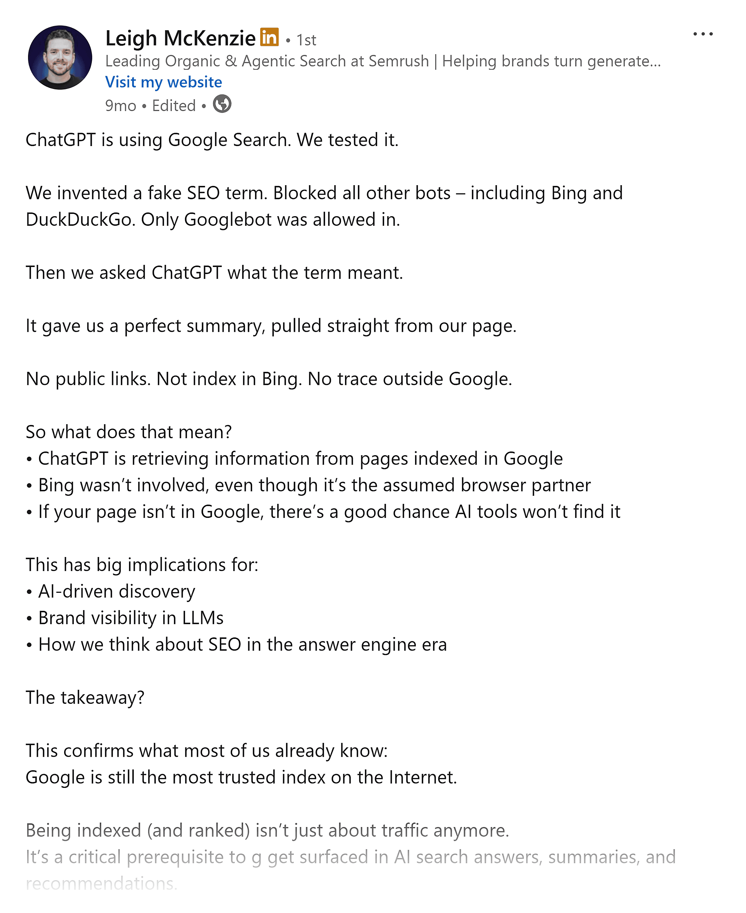 LinkedIn &ndash; Leigh post &ndash; ChatGPT is using Google Search