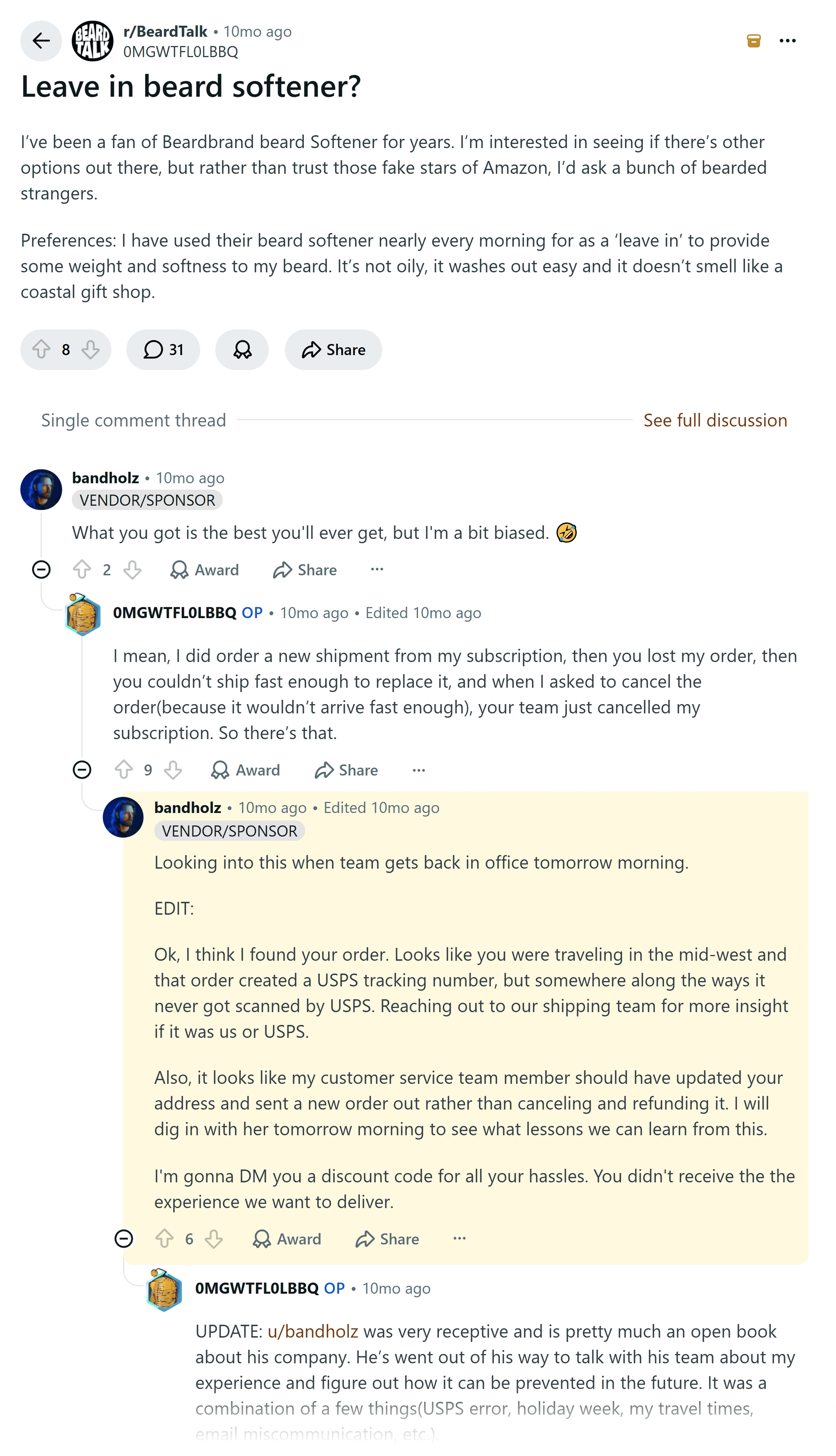 Reddit – Beardbrand – Owner response