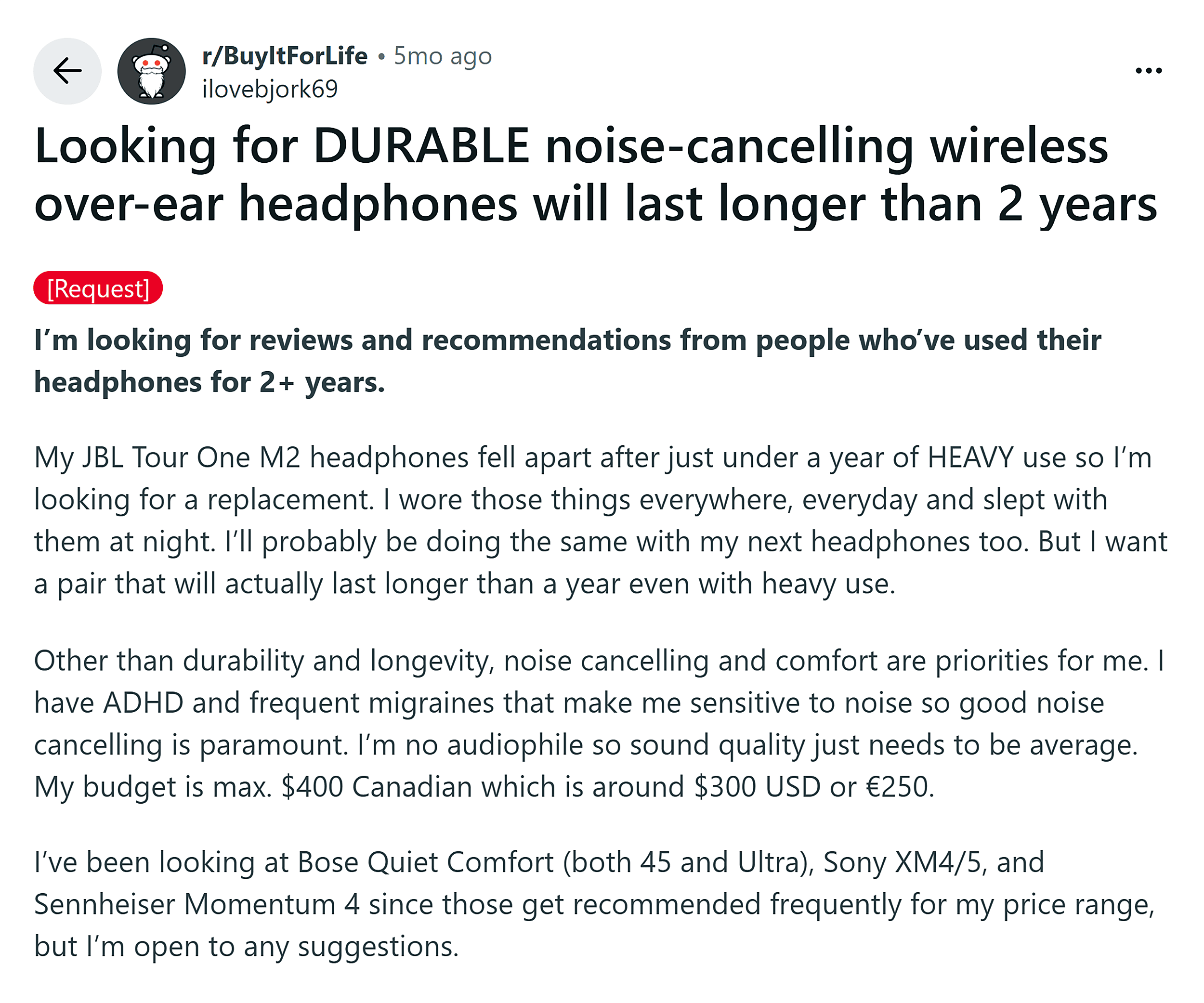 Reddit &ndash; Durable noise cancelling headphones