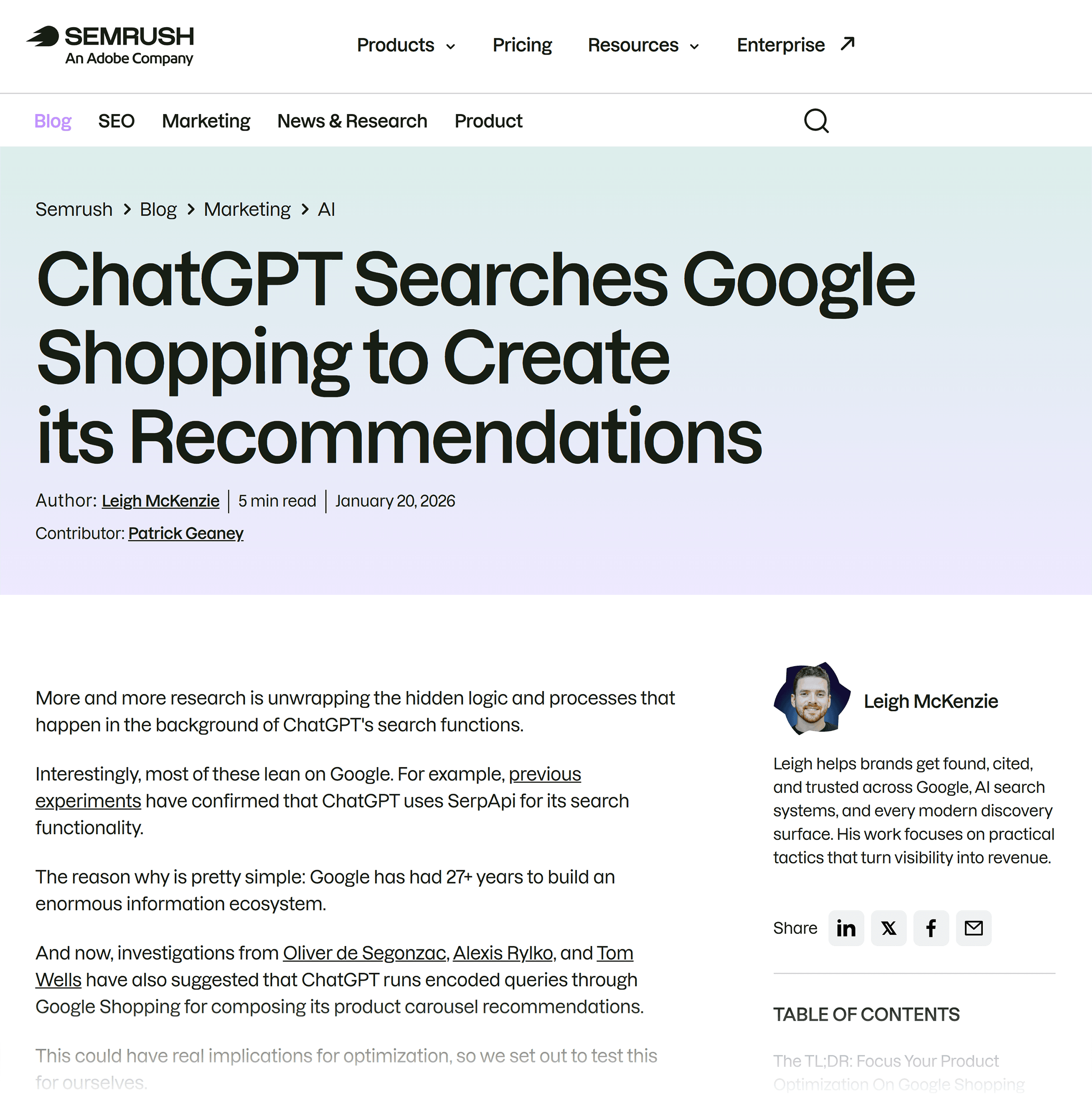 Semrush blog &ndash; ChatGPT searches Google Shopping