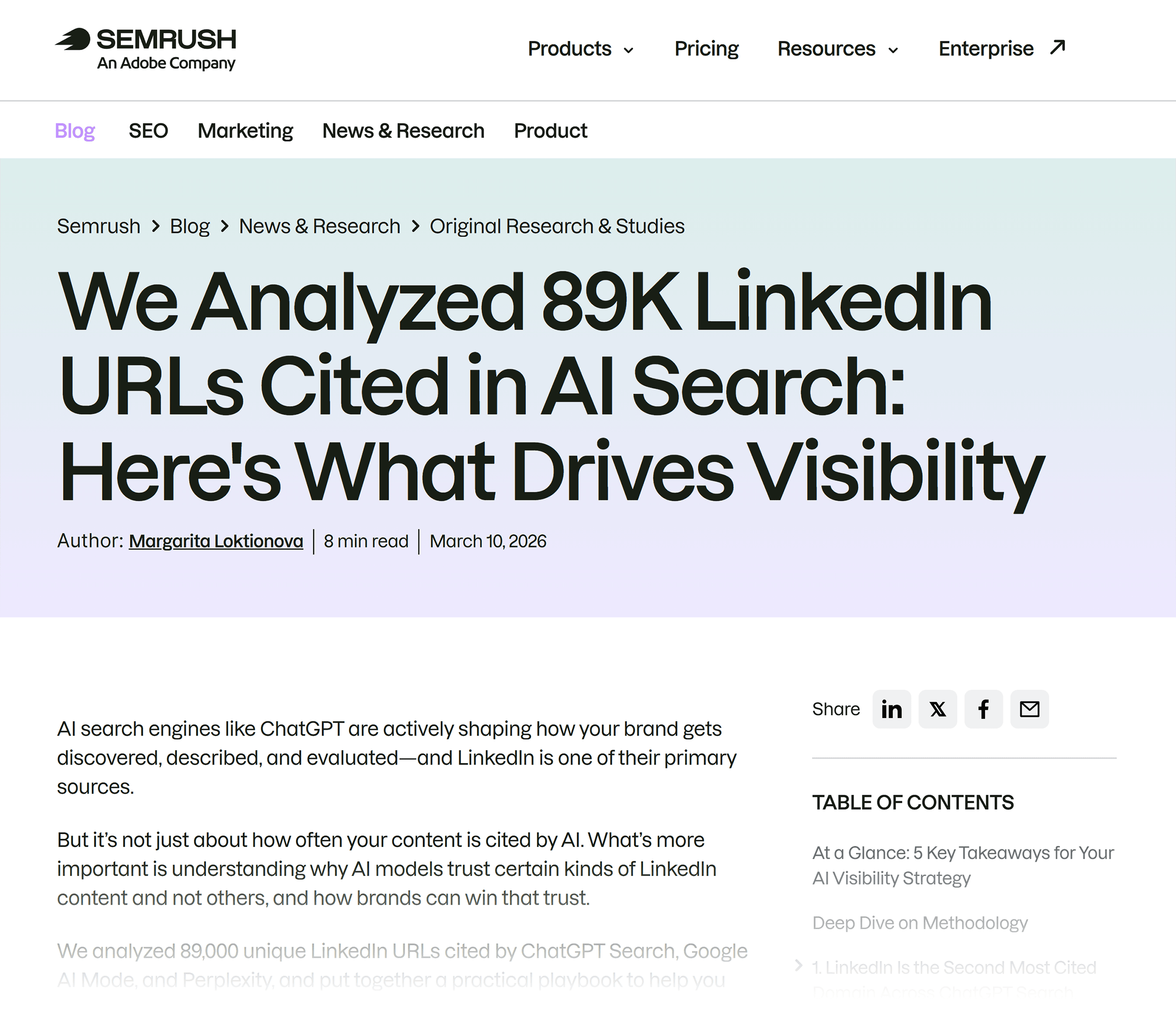 Semrush blog – LinkedIn AI visibility study