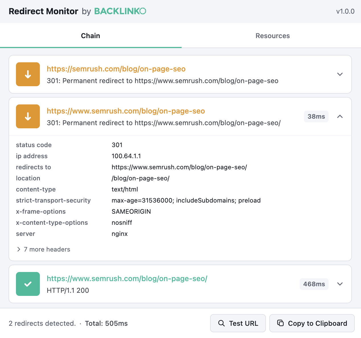 Redirect Monitor - Statuses
