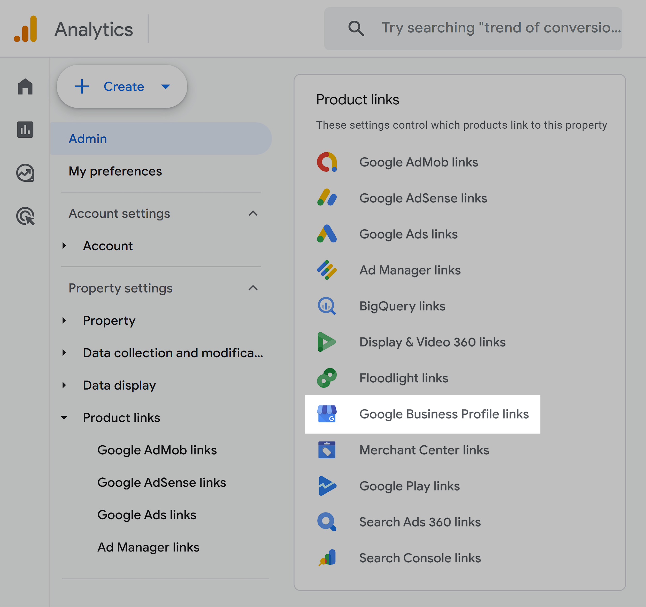 GA &ndash; Admin &ndash; Product links &ndash; GBP