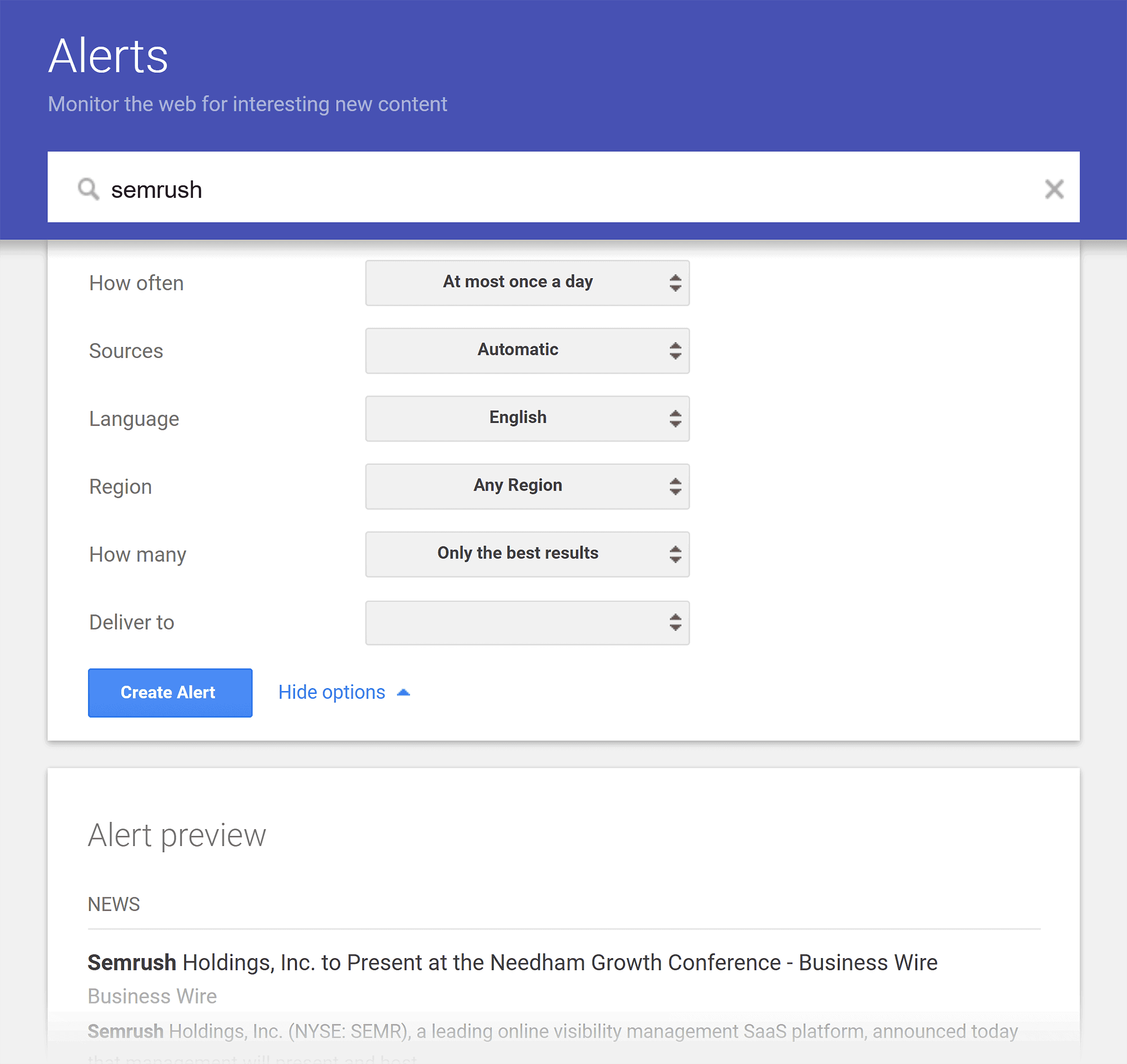 Google Alerts – Semrush – Create alert Google Alerts – Semrush – Create alert