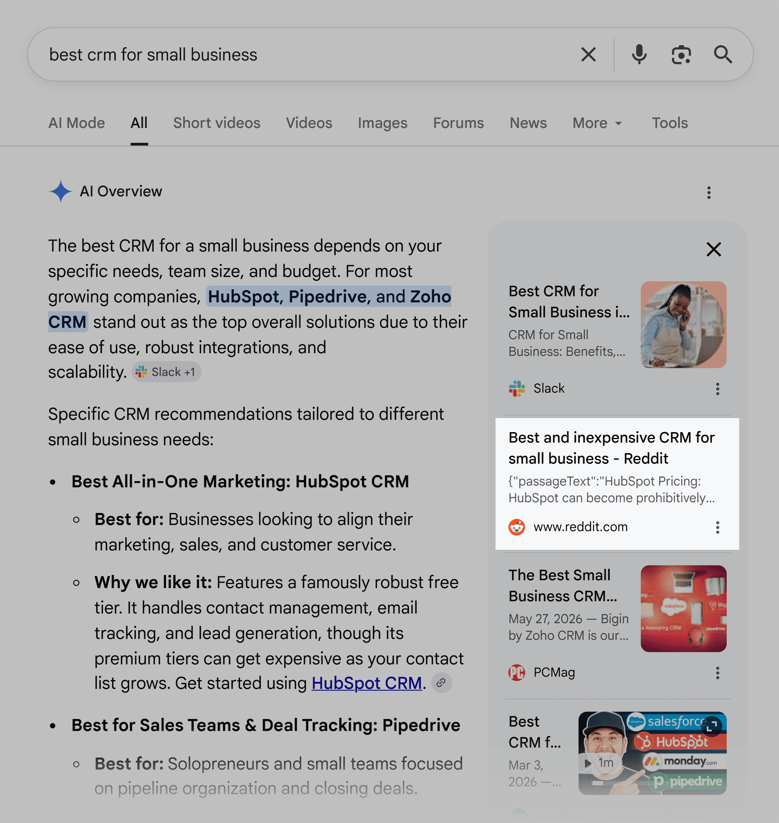 Google SERP – Best small business CRM – AI Overview – Reddit Google SERP – Best small business CRM – AI Overview – Reddit