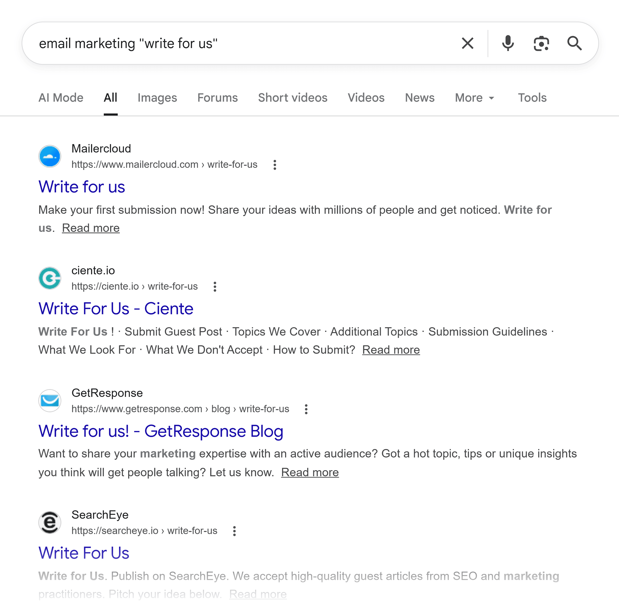 Google SERP &ndash; Email marketing "write for us"